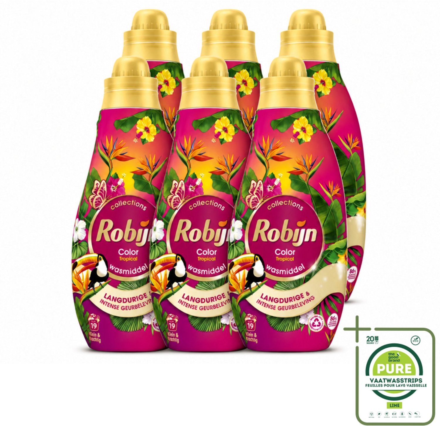 6 x Robijn - Klein & Krachtig Color Tropical - Wasmiddel - 19 Wasbeurten - 665 ml - Grootverpakking - Vaatwasstrips - Kleurbehoud - Wasmiddel - Tropische Geur - Gekleurde Was - Wasmiddel Voor Gekleurd Kleding