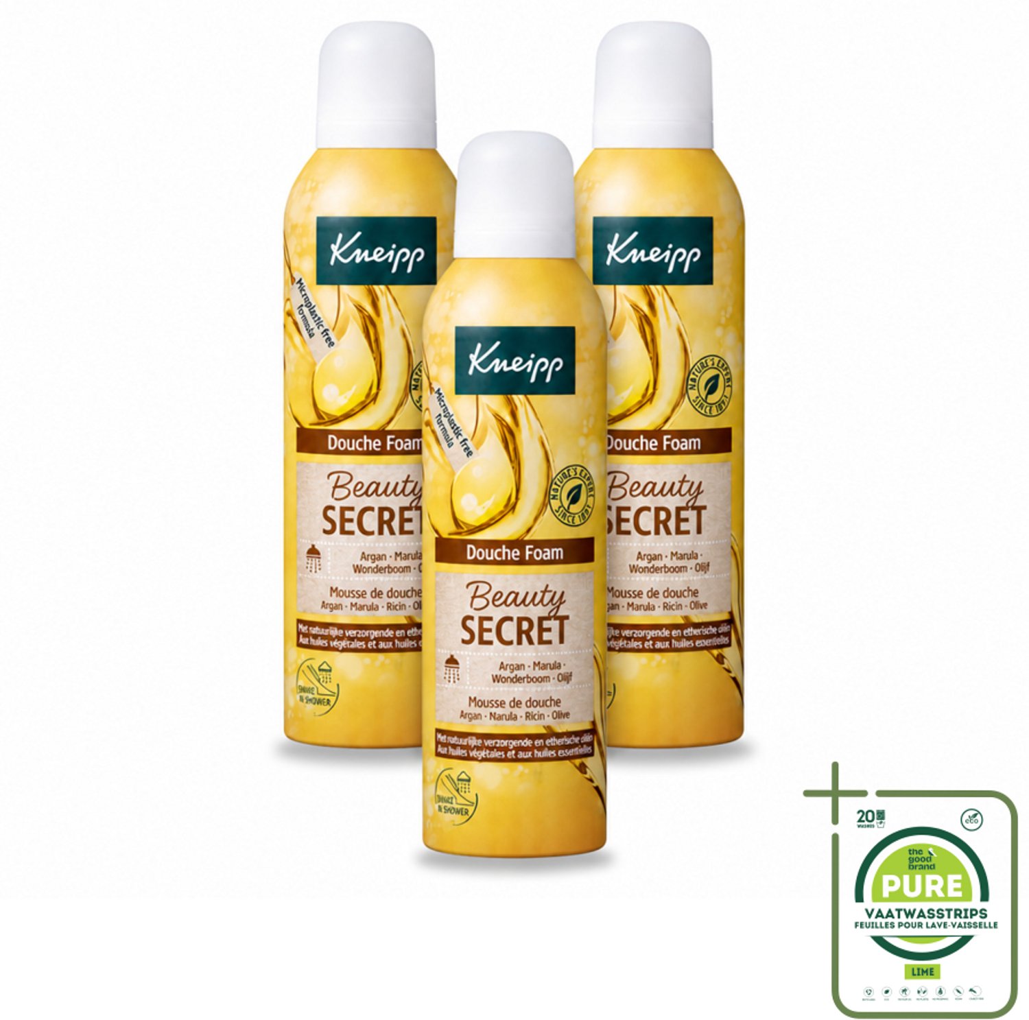 3 x Kneipp - Douche schuim - Beauty Secret - 200 ml - Grootverpakking - Vaatwasstrips - Douche Foam - Natuurlijke Oliën - Huid Verzorging - Luxe Geur - Huid Hydraat