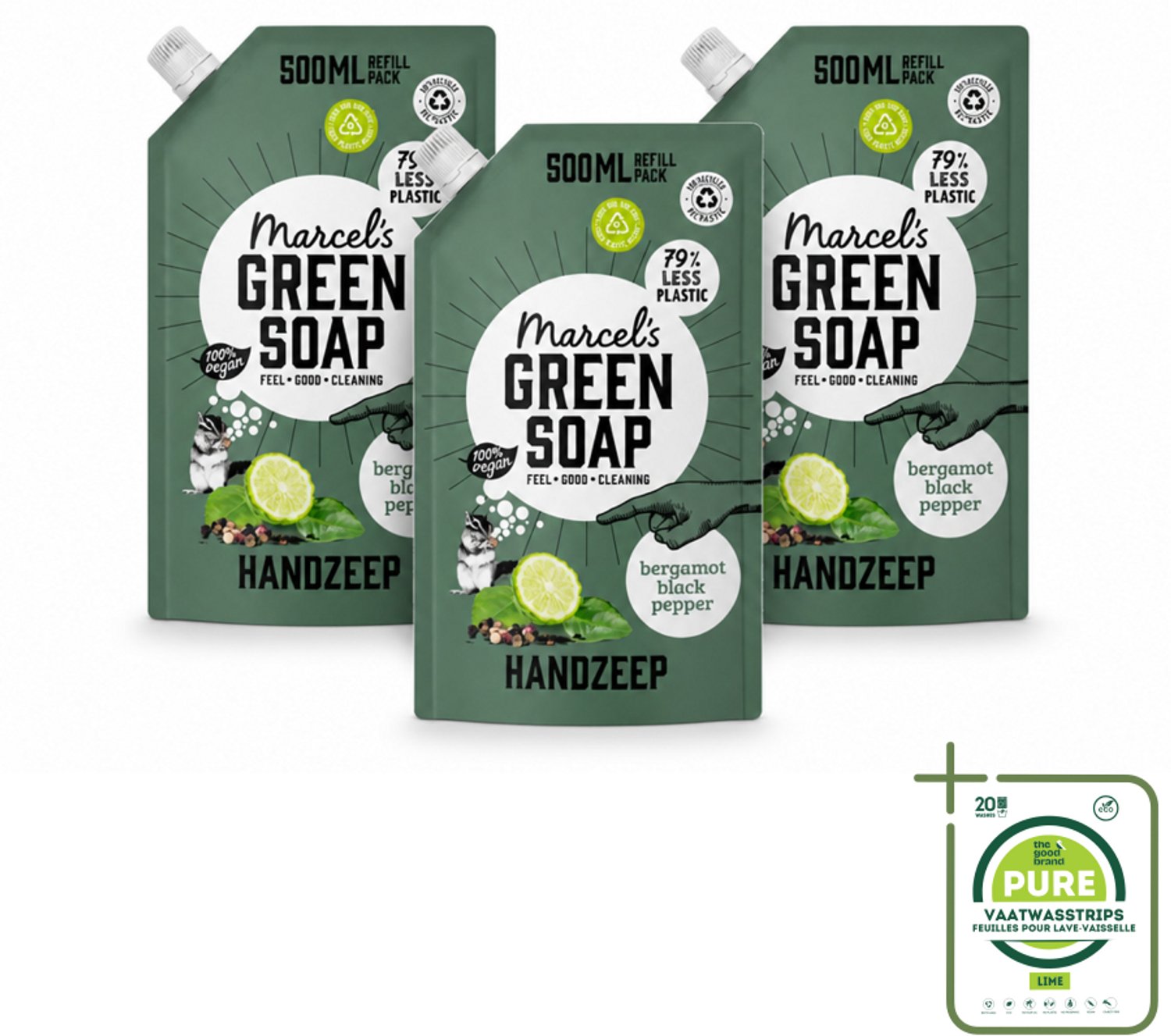 3 x Marcel's Green Soap - Handzeep - Bergamot & Black Pepper - Natuurlijke verzorging - 500 ml - Grootverpakking - Vaatwasstrips - Handzeep Navulling - Biologisch Afbreekbaar - Plantaardige Glycerine - Bergamot En Zwarte Peper - Duurzaamheid