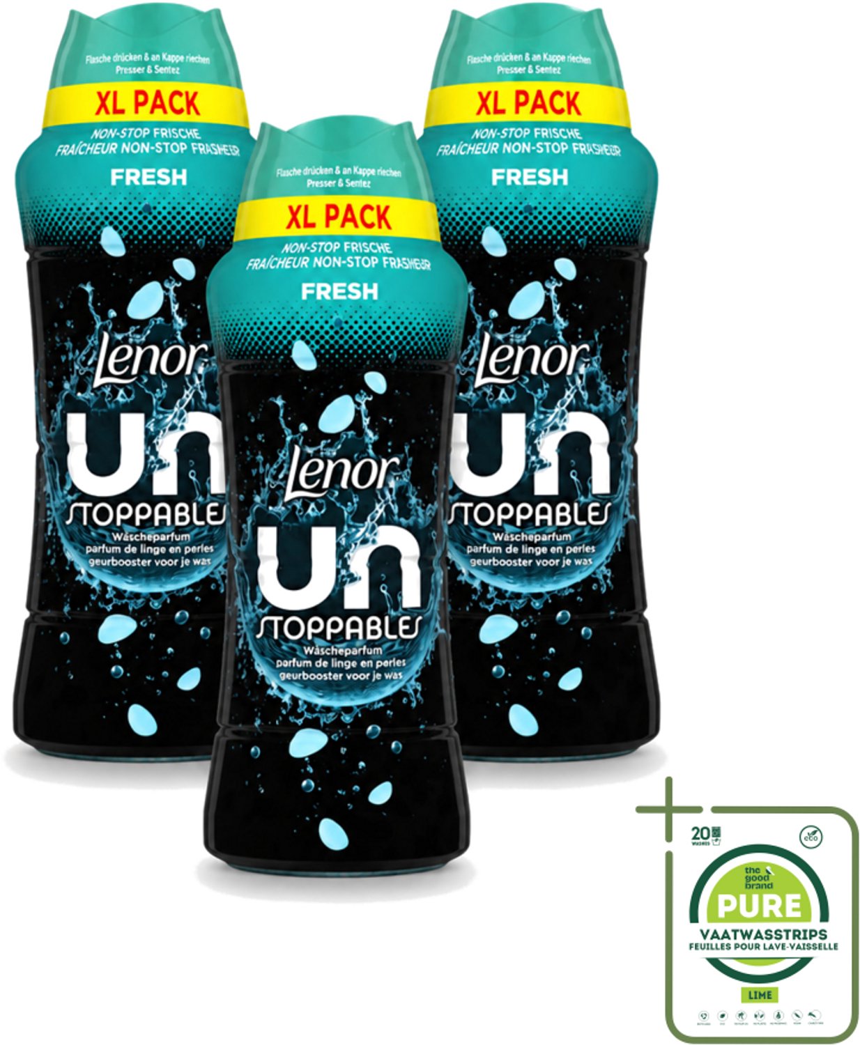 3 x Lenor Unstoppables - Geurbooster - Fris - Non-Stop Frisheid - Grootverpakking - Grootverpakking - Vaatwasstrips - Geurbooster - Frisheid - Wasgeur - Citrusgeur - Fruitgeur