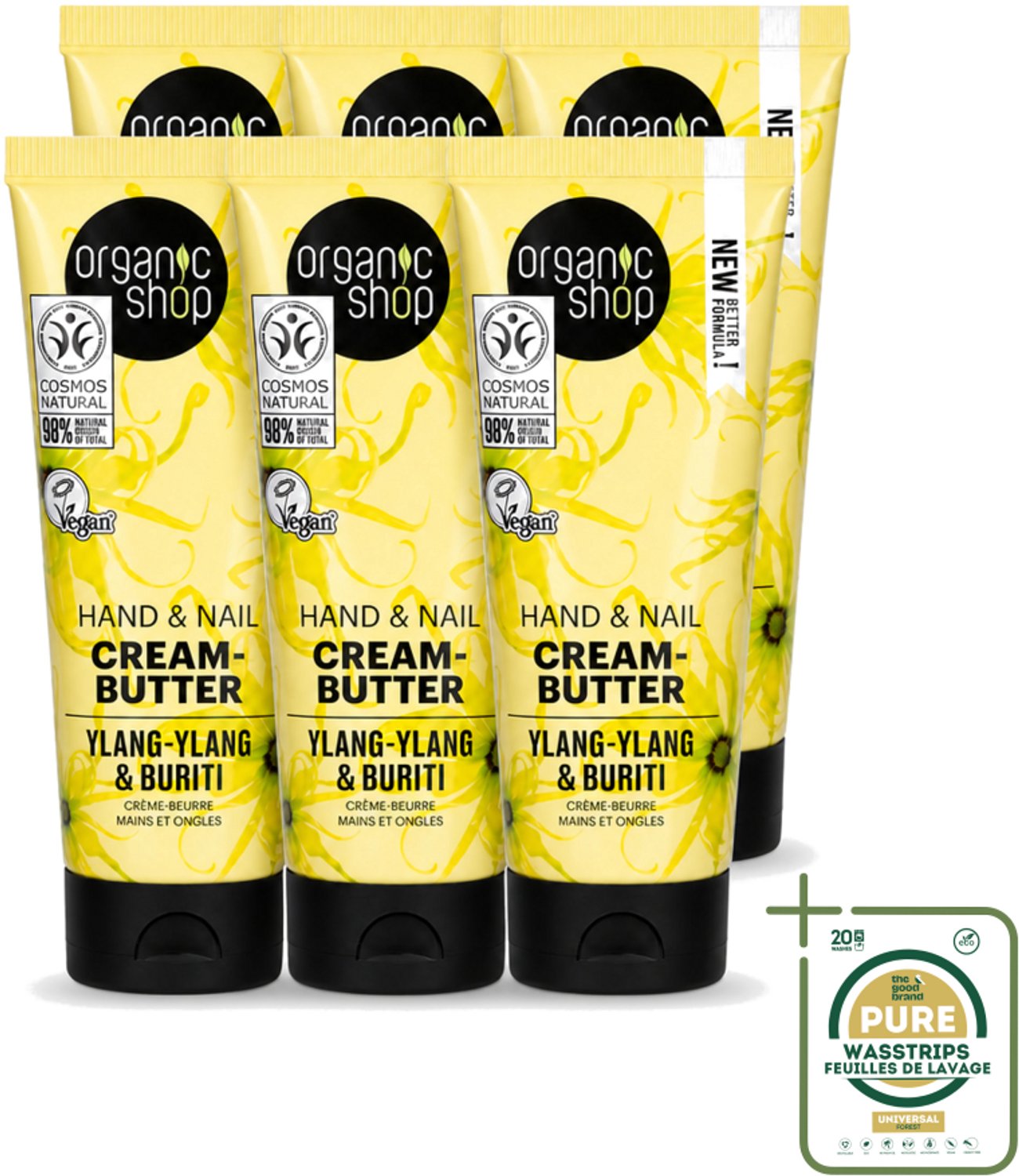 6 x Organic Shop - Ylang-Ylang & Buriti Hand & Nail Cream - Verzachtend en Herstellend - 75 ml - Wasstrips - Handcrème - Nagelcrème - Ylang-ylang - Buriti - Natuurlijke Handcrème