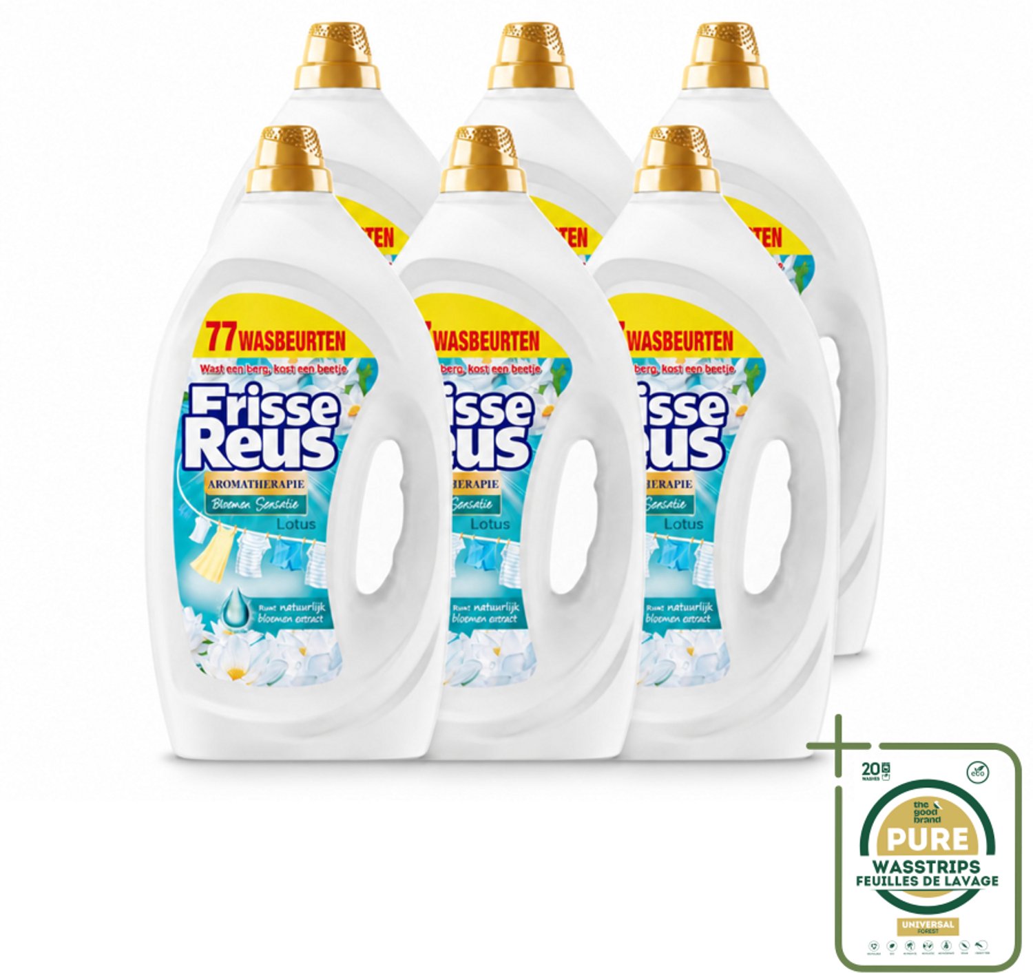6 x Frisse Reus - Vloeibaar Wasmiddel - Lotus - Witte Was - 77 Wasbeurten - Wasstrips - Wasmiddel - Witte Was - Frisse Was - Vloeibaar Wasmiddel - Wasbeurten