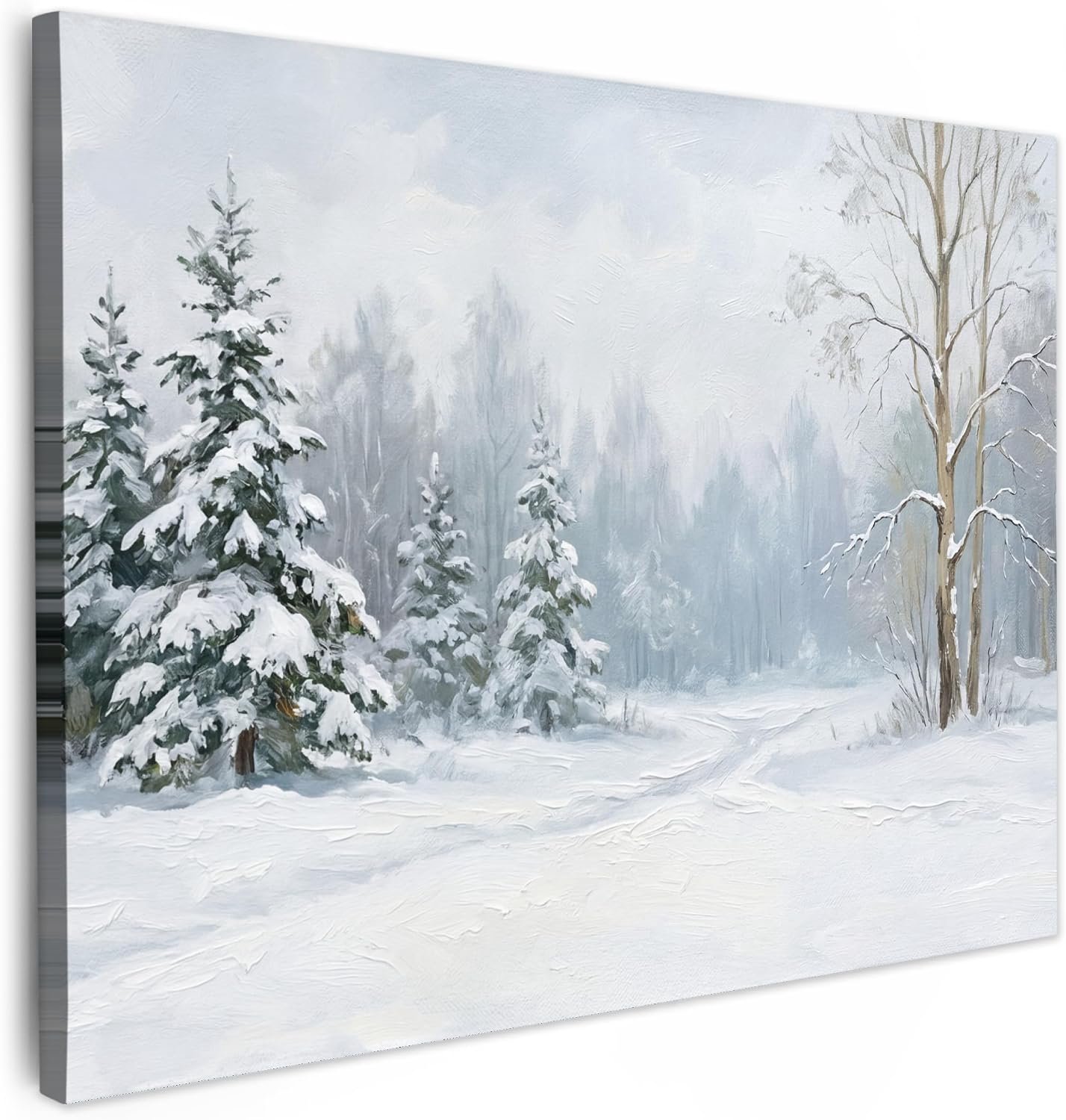 Buitencanvas 70x50 cm Tuinposter Tuin Tuinposters Voor Buiten Decoratie Tuindecoratie Garden Outdoor Balkon Poster Terras PostersBospad - Dennen - Sneeuw - Winter - Rustgevend