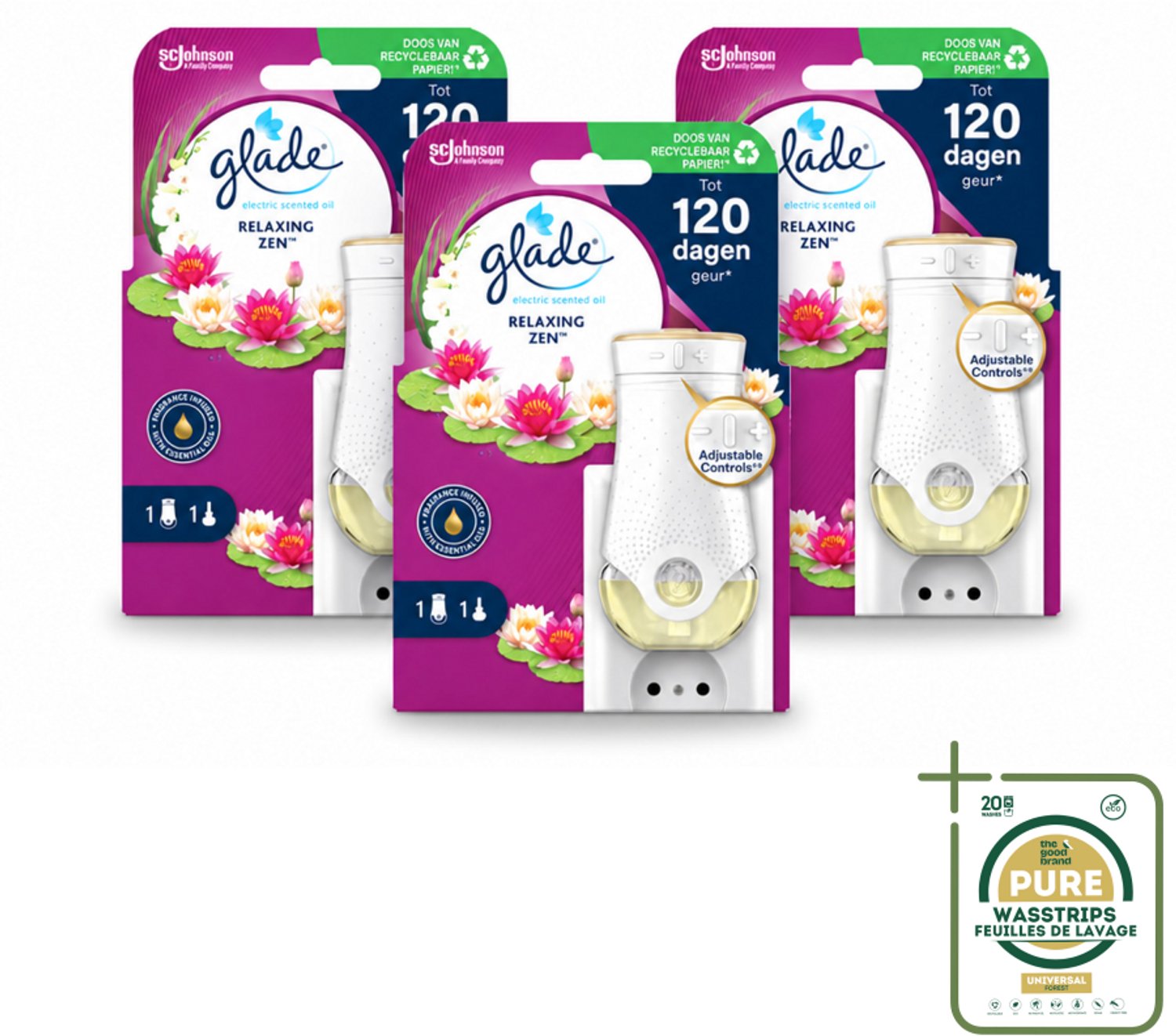 3 x Glade - Houder Elektrische Olie - Relaxing Zen - Wasstrips - Elektrische Geurhouder - Ontspannende Geur - Luchtverfrisser - Geurhoudende Houder - Relax Geur