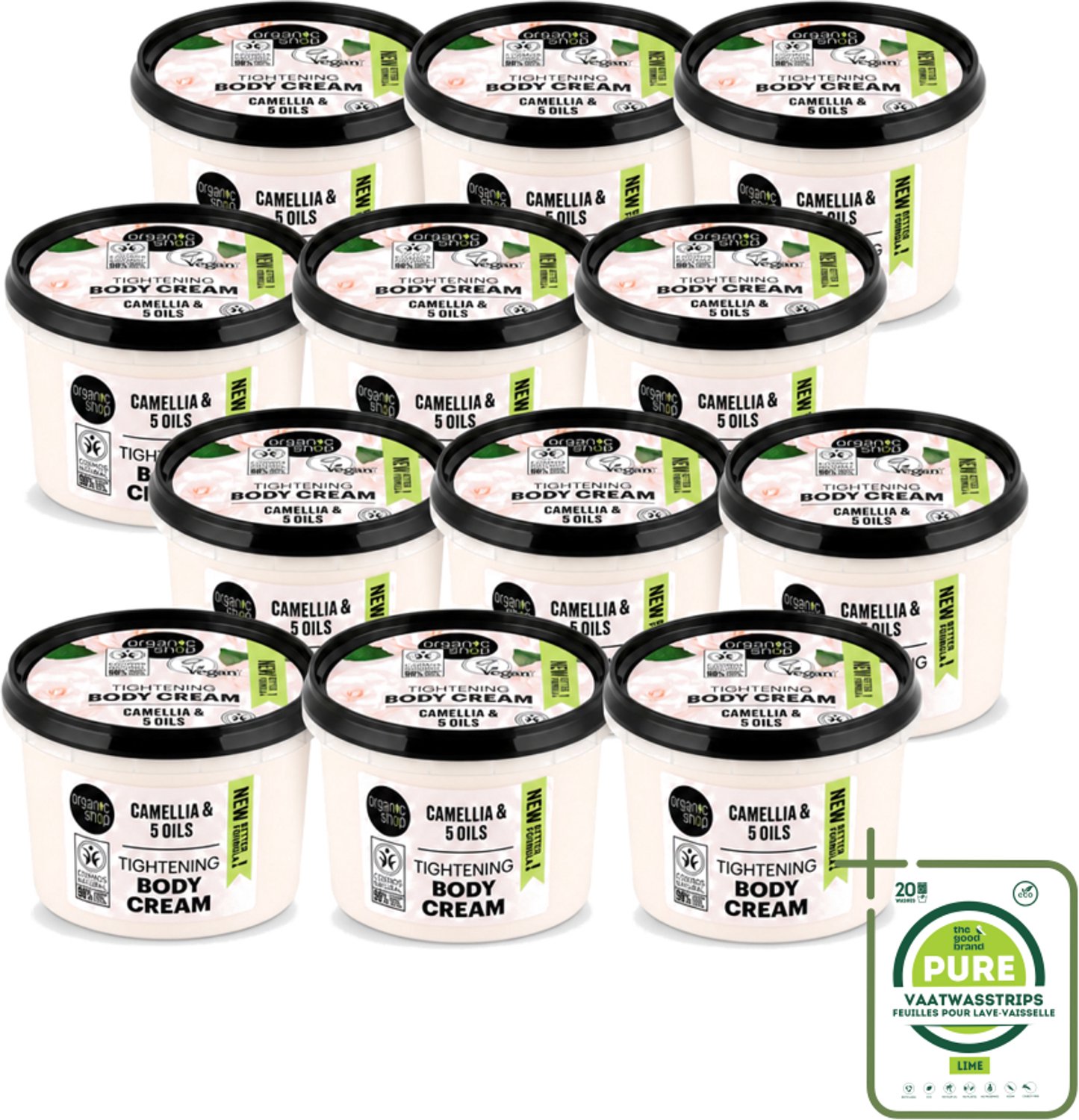 12 x Organic Shop - Organic Camellia & 5 Oils Body Cream - Verzachtend en Hydraterend - 250 ml - Grootverpakking - Vaatwasstrips - Organische Bodycrème - Japanse Kamelia - Hydraterende Crème - Verzachtende Crème - Natuurlijke Oliën