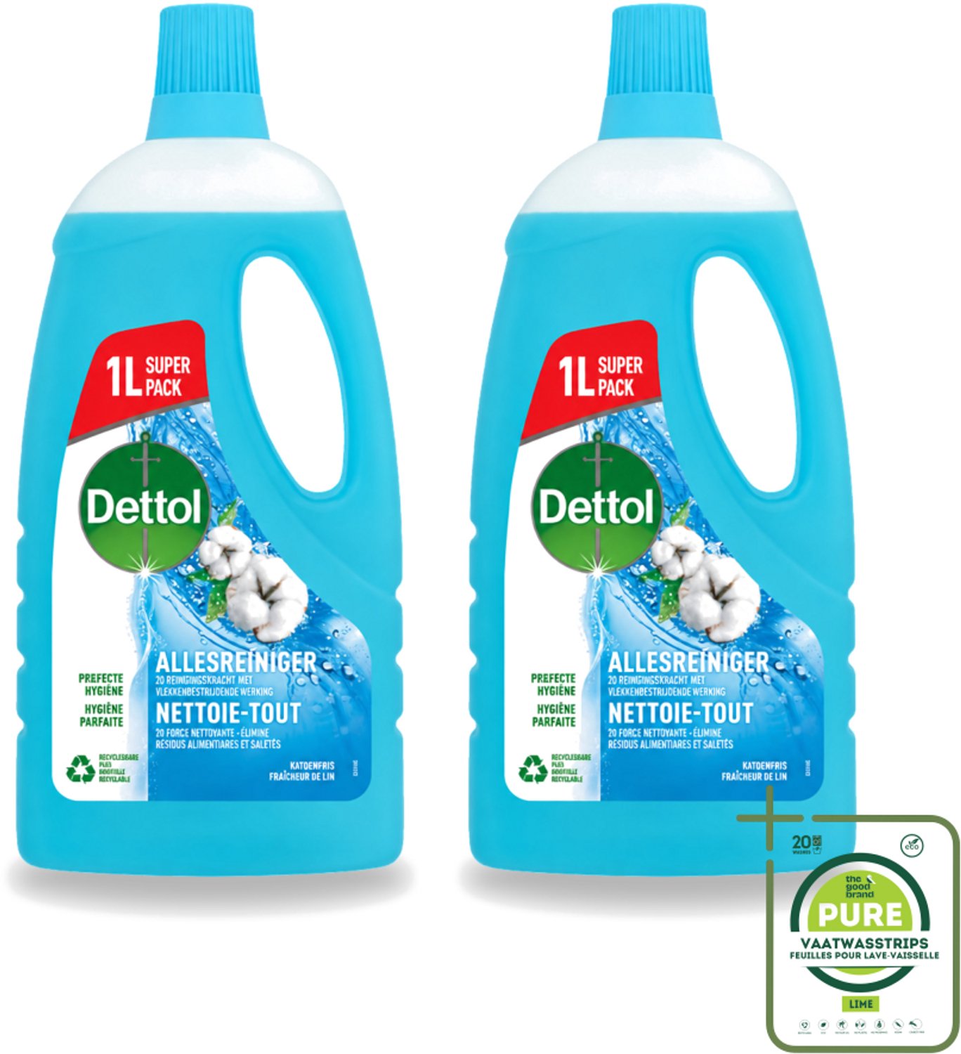 2 x Dettol - Allesreiniger - Power & Fresh - Katoenfris - 1 liter - Grootverpakking - Allesreiniger - Hygiëne - Vet Verwijderen - Voedselresten Verwijderen - Katoenfrisse Geur