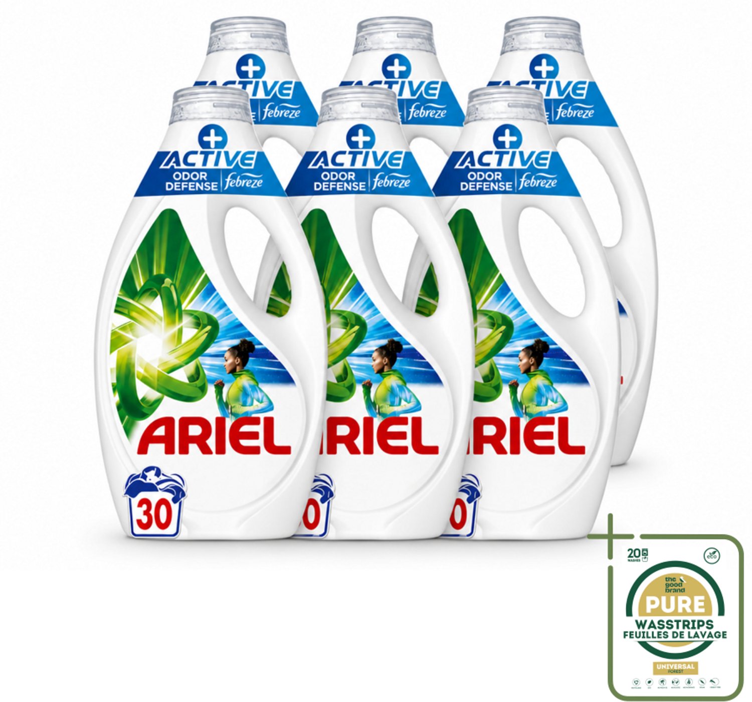 6 x Ariel - Vloeibaar Wasmiddel - +Actieve Odor Defense - 30 Wasbeurten - 1,35 liter - Wasstrips - Vloeibaar Wasmiddel - Geurverwijdering - Zweetgeuren - Wasmiddel Met Febreze - Sportkleding Was