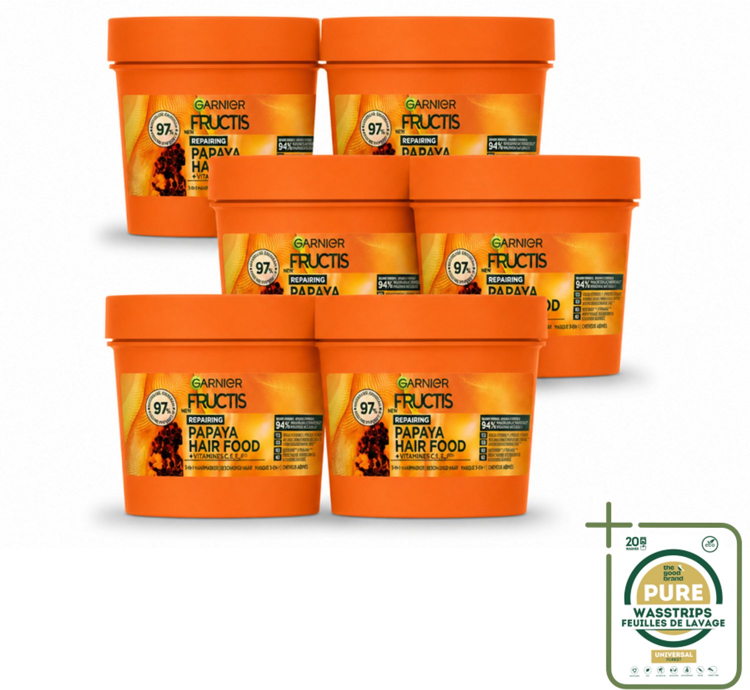6 x Garnier - Fructis Hair Food Papaya - 3-in-1 Haarmasker - Beschadigd Haar - 400 ml - Wasstrips - Haarherstel - Haarmasker - Beschadigd Haar - Papaya - Kokosolie