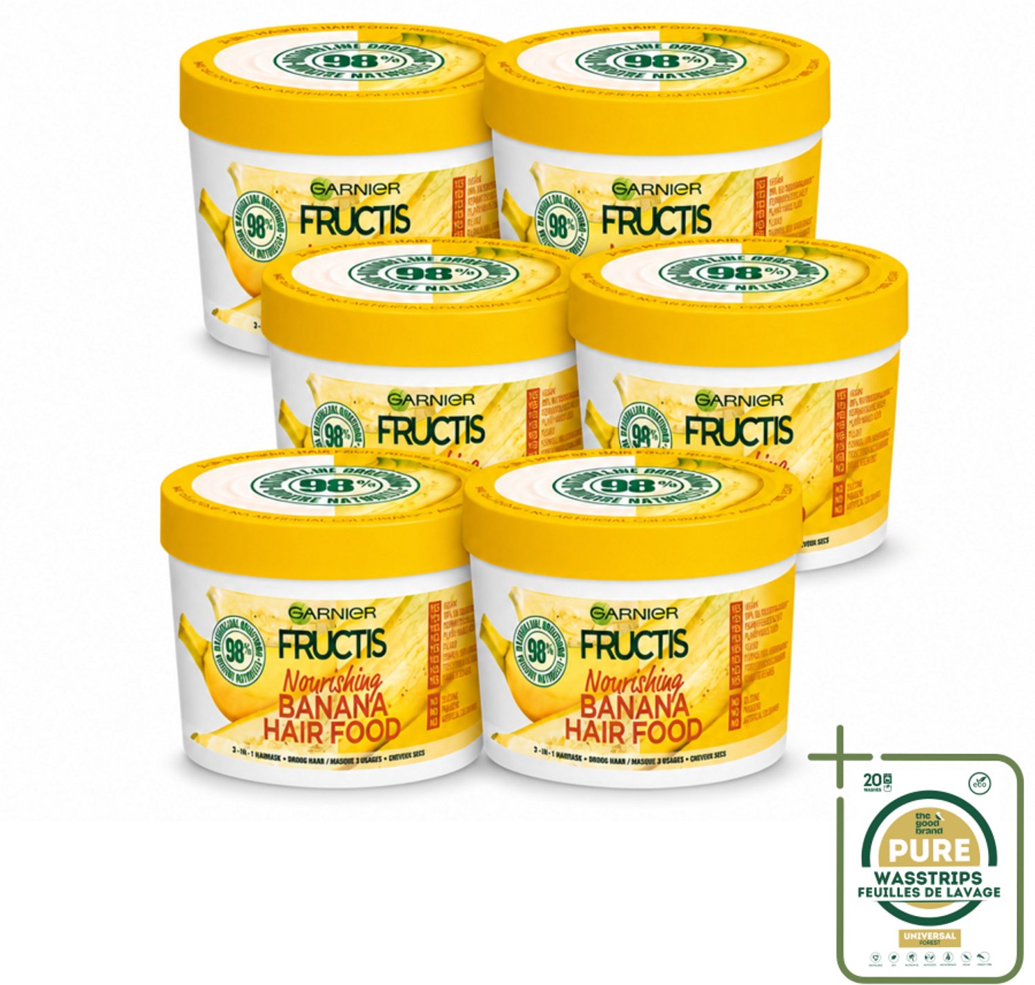 6 x Garnier - Fructis Hair Food Banana - 3-in-1 Haarmasker - Voedend - Droog Haar - 400 ml - Wasstrips - Haarmasker - Kokosmelk - Macadamia - Droog Haar - Haarvoeding