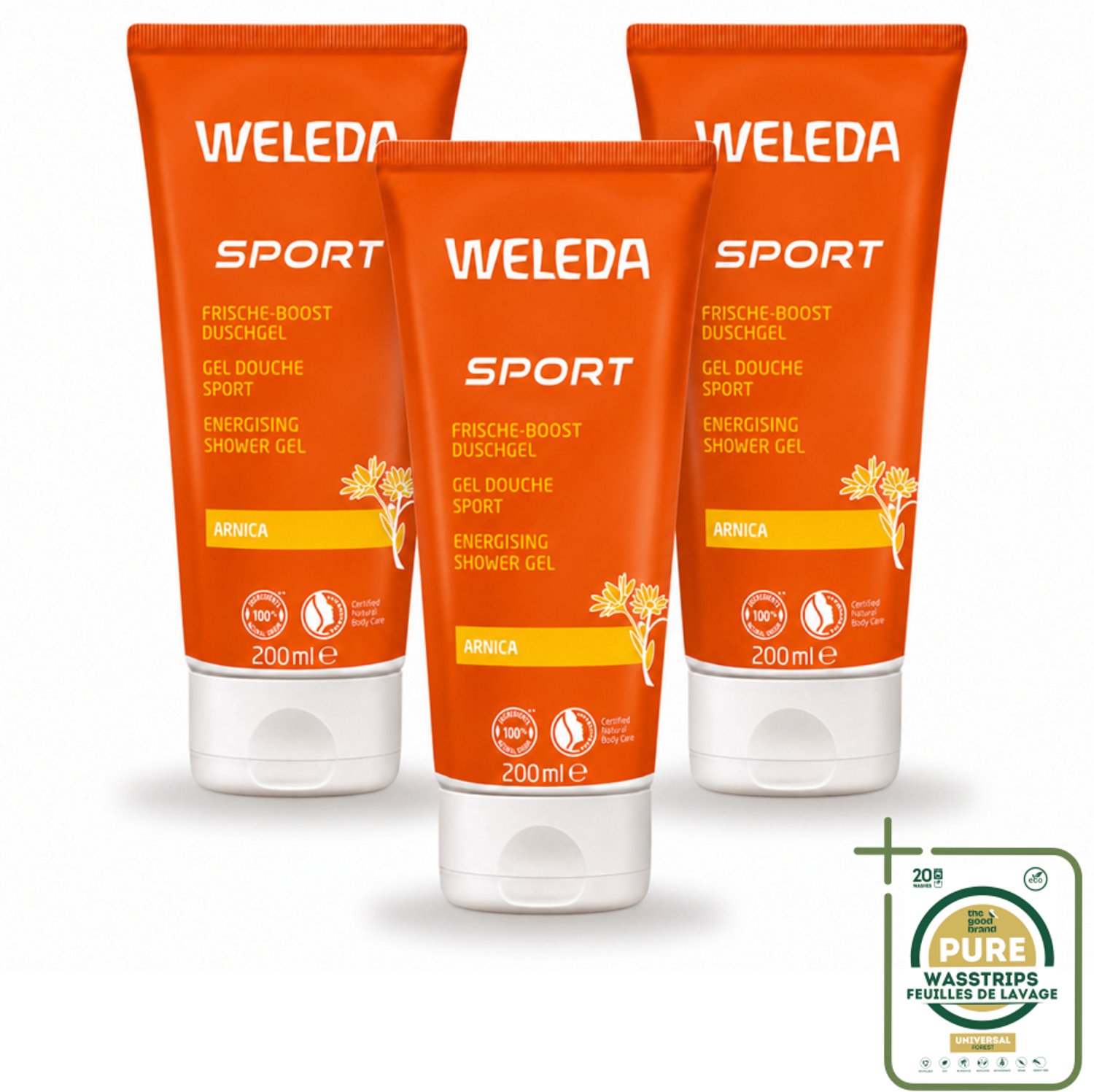 3 x WELEDA - Douchegel Sport - Arnica - 200 ml - Wasstrips - Douchegel Sport - Herstel Na Sporten - Arnica Douchegel - Natuurlijke Douchegel - Verfrissende Douchegel
