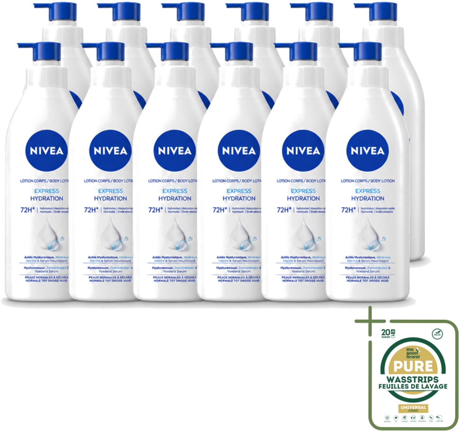 12 x Nivea - Express - Bodylotion met Pomp - Voor Normale tot Droge Huid - 72 uur Hydratatie - 400 ml - Wasstrips - Bodylotion - Hydratatie - Droge Huid - Huidverzorging - Hyaluronzuur