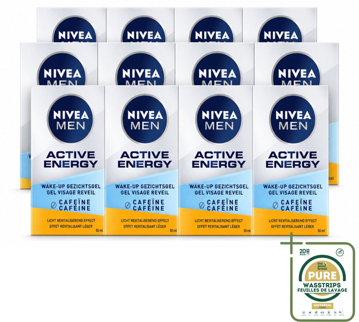 12 x NIVEA MEN - Active Energy - Wake-up Gezichtsgel met Cafeïne - 50 ml - Wasstrips - Nivea Mannen Gezichtsgel - Cafeïne Gezichtsgel - Energie Voor Huid - Wakker Worden Huid - Droge Huid Verzorging