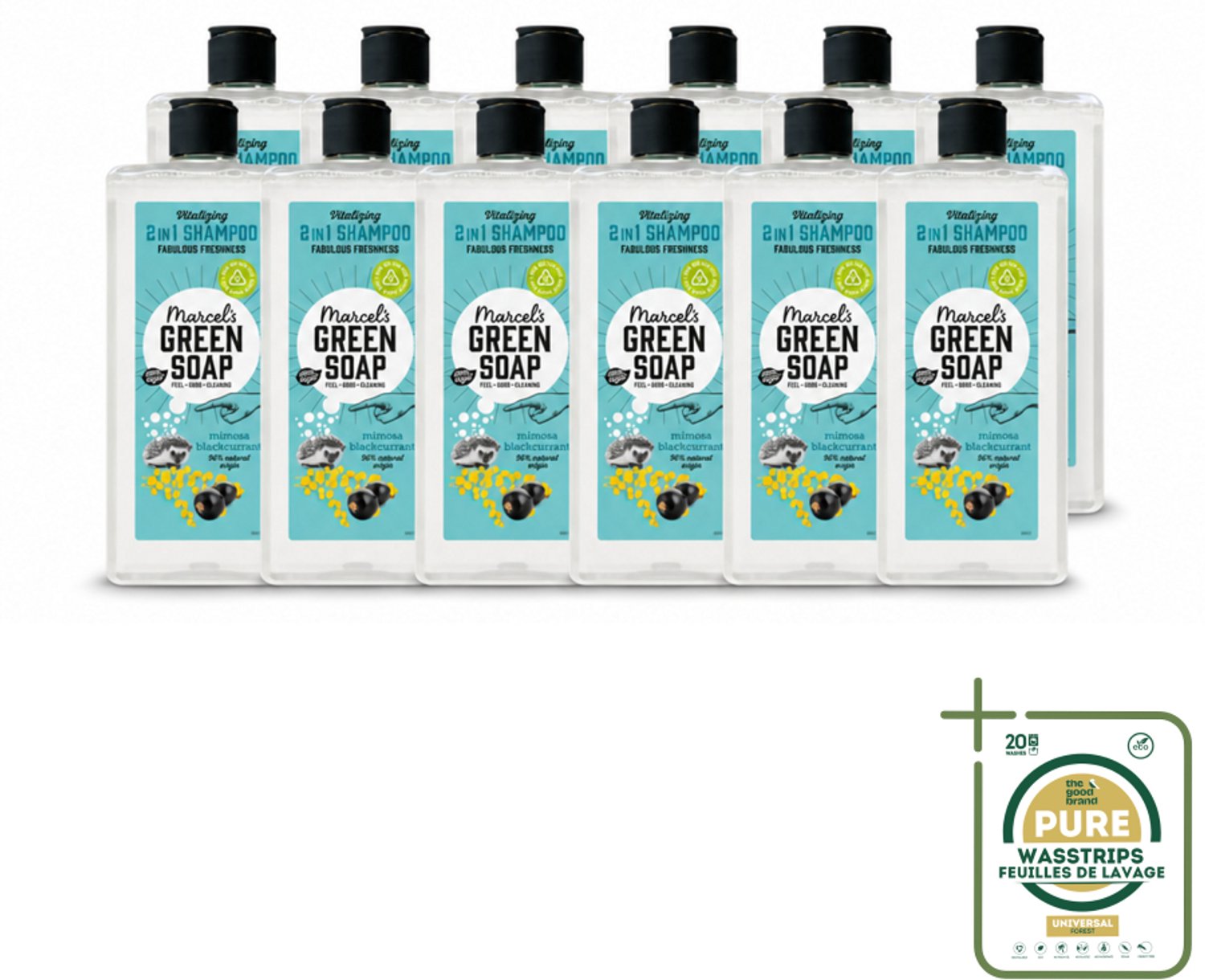 12 x Marcel's Green Soap - Shampoo & Conditioner 2-in-1 - Mimosa & Black Currant - Verzorging in één - 300 ml - Wasstrips - Shampoo En Conditioner - Natuurlijke Haarverzorging - 2 In 1 Shampoo - Haarverzorging - Haar Reiniging