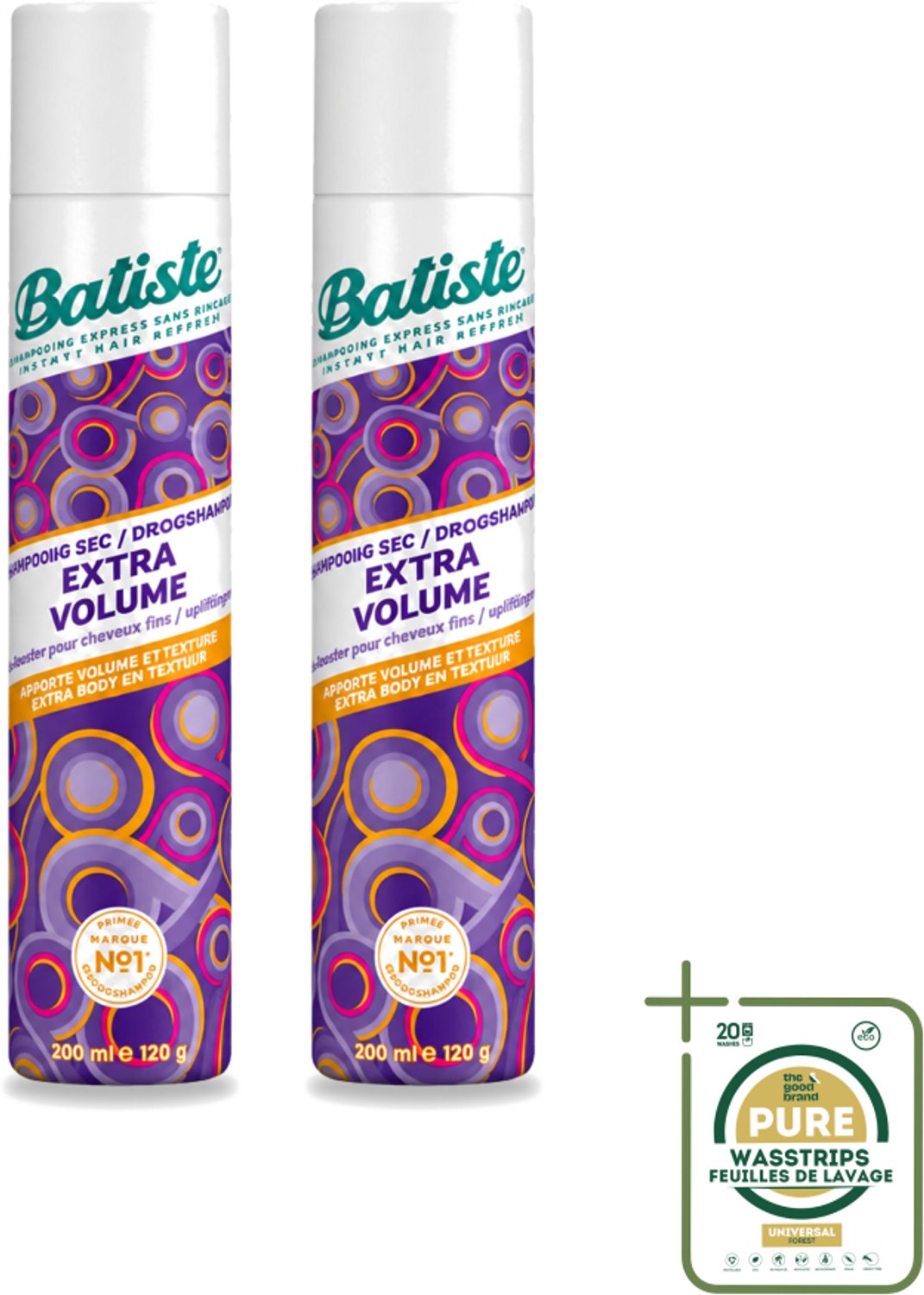2 x Batiste - Extra Volume - Droogshampoo - Geeft Meer Volheid - Frist Vet Haar Op - 200ml - Wasstrips - Droogshampoo - Haarvolume - Haarfrisheid - Haaropfrissen - Haarverzorging