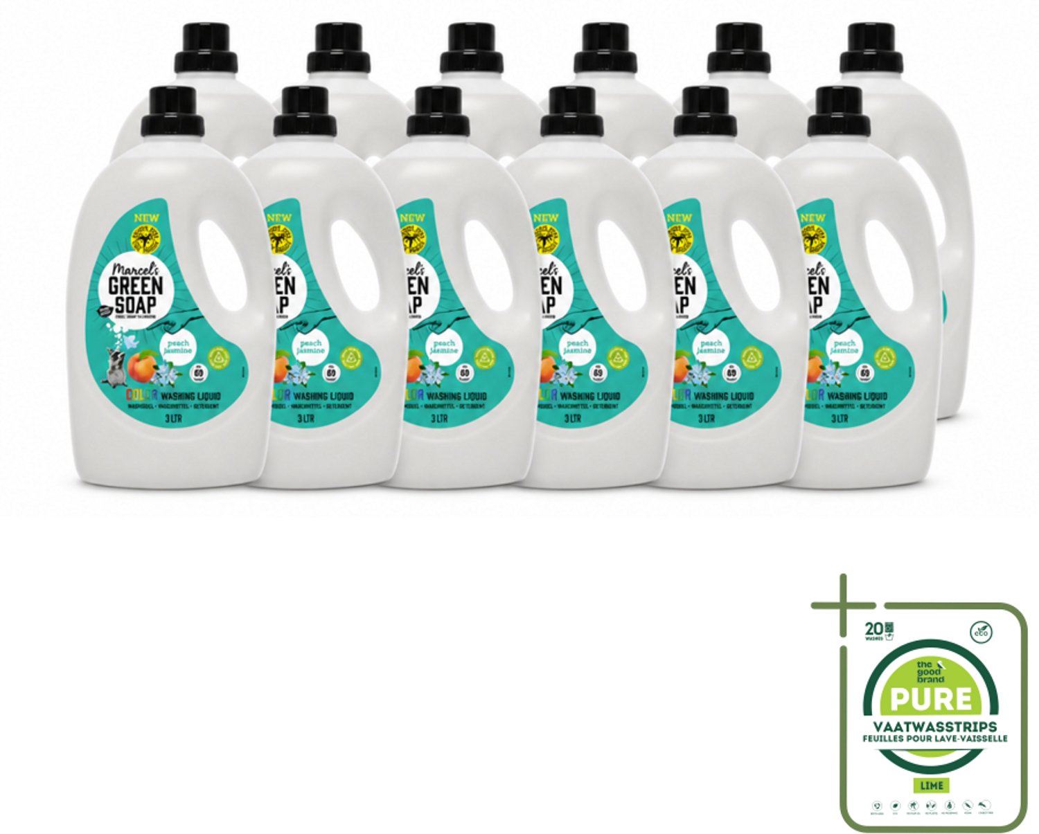 12 x Marcel's Green Soap - Vloeibaar Wasmiddel - Kleurwas - Perzik & Jasmijn - Natuurlijk & effectief - 69 wasbeurten - 3 liter - Grootverpakking - Vloeibaar Wasmiddel - Gekleurd Was - Duurzaam Wasmiddel - Palmolievrij - Biologisch Afbreekbaar