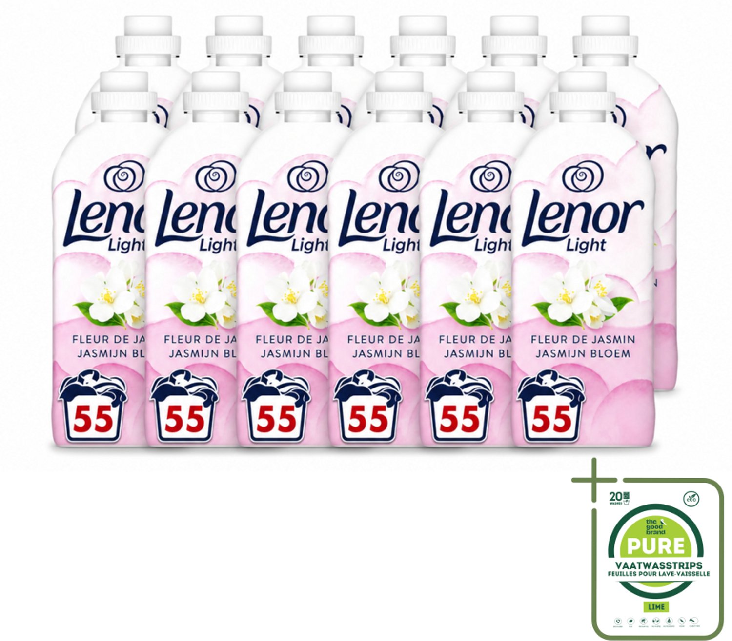 12 x Lenor Light - Wasverzachter - Jasmijnbloem - Fris & Zacht - 55 Wasbeurten - Grootverpakking - Vaatwasstrips - Wasverzachter - Jasmijn - Wasverzachter Jasmijn - Milde Frisheid - Zachte Was