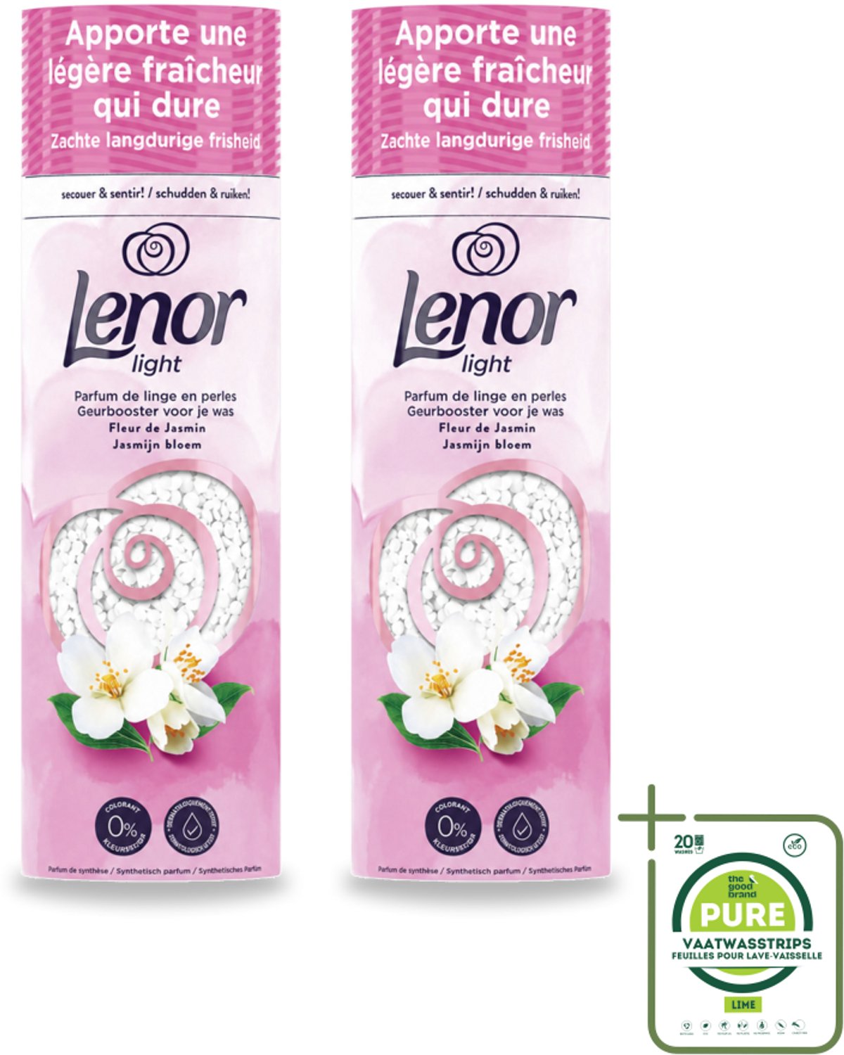 2 x Lenor Light - Geurbooster - Jasmijn - Non-Stop Frisheid - 19 Wasbeurten - Grootverpakking - Vaatwasstrips - Wasgeur - Zijdebloesem - Pioenroos - Geurbooster - Wasgoed
