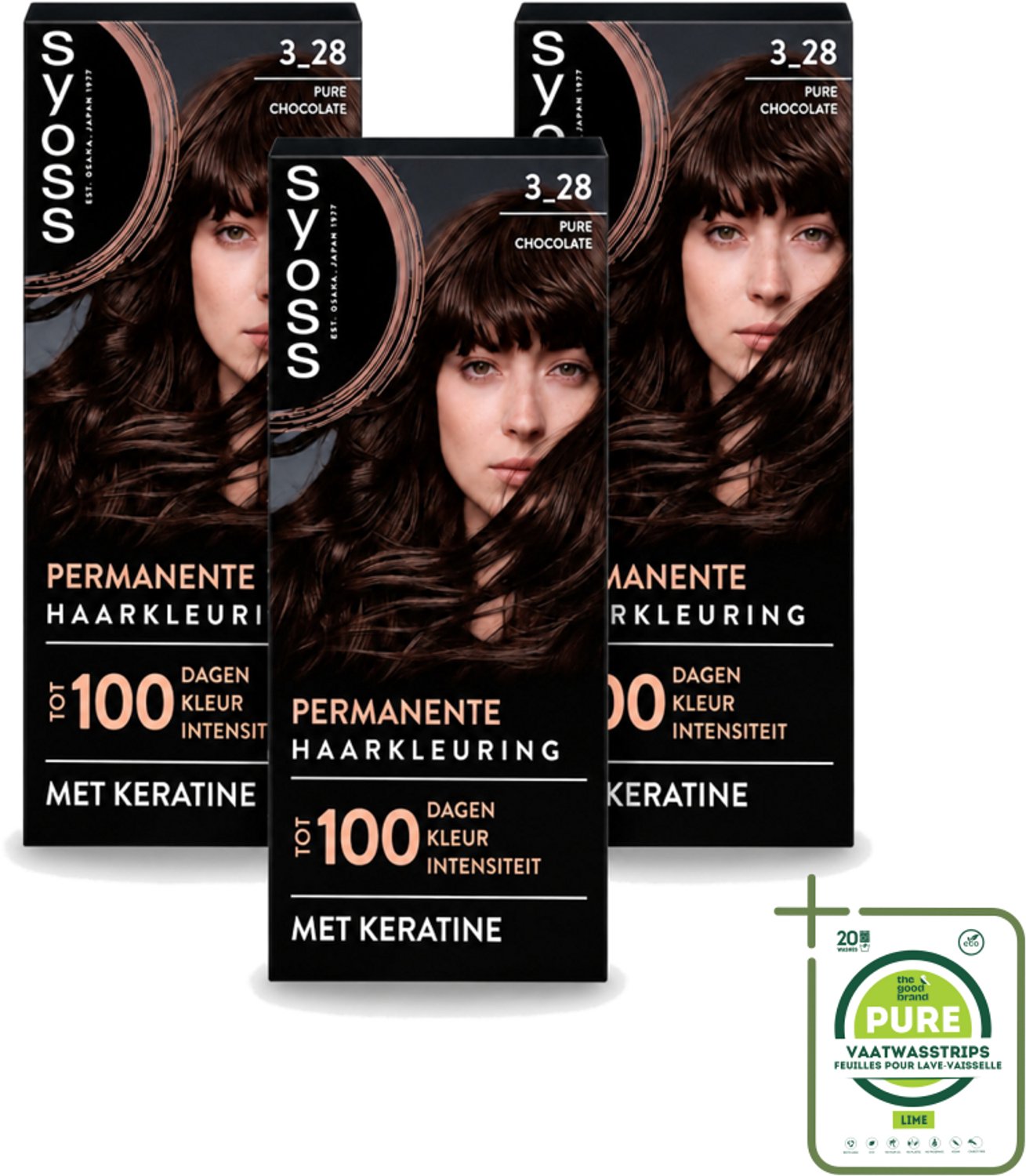 3 x SYOSS - Coloration 3-28 Pure Chocolade - Haarverf - Grijsdekking - Vermindert Haarbreuk - Grootverpakking - Vaatwasstrips - Haarkleur - Permanente Haarkleur - Grijsdekking - Keratine - Haarkleur Intensiteit