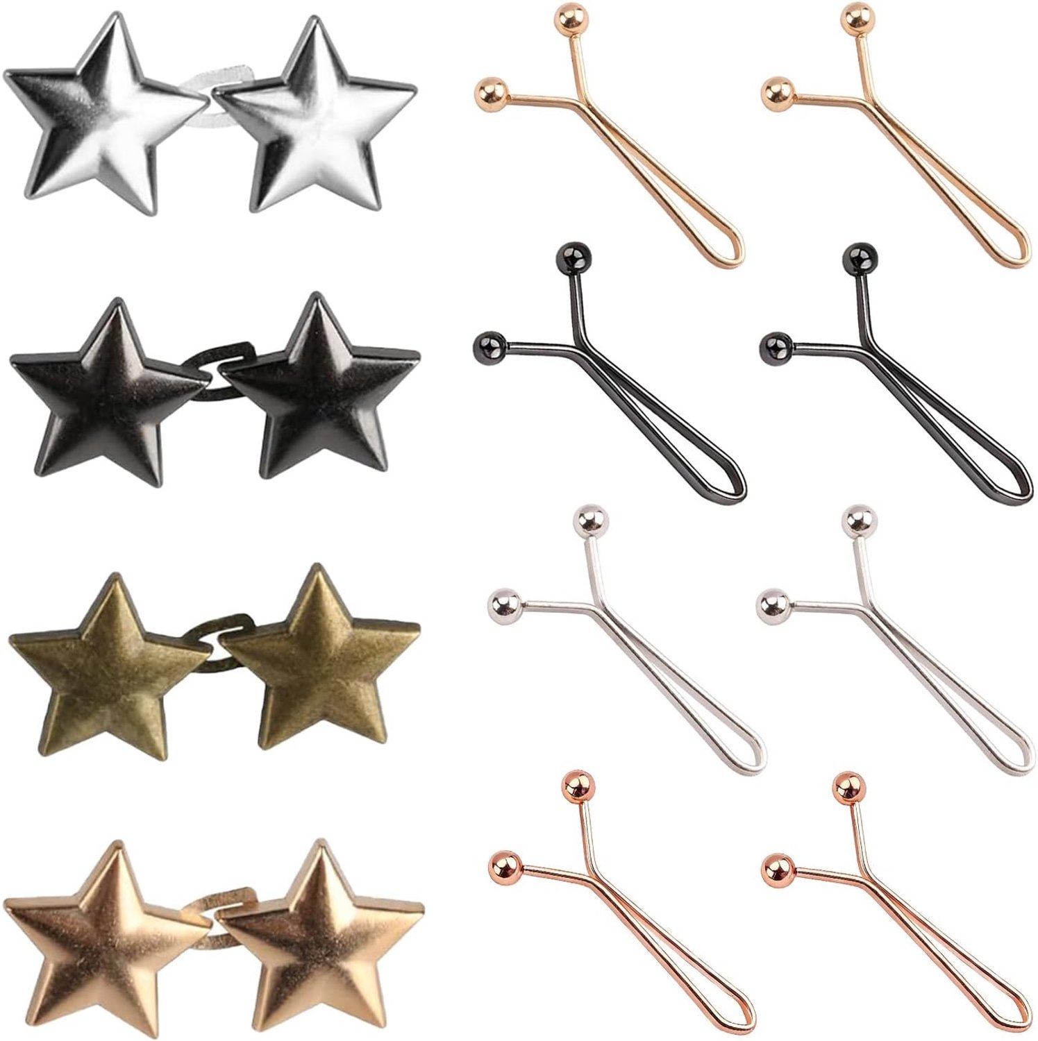 8 paar taillespanner clips, stervorm verstelbare jeansknoppen, herbruikbare, multifunctionele taillespanner clips voor losse jeans, rokken, mouwen, truien, kledingaccessoires