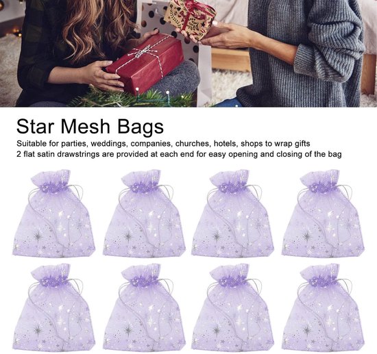 50 stuks 4 tot 6 inch sterpatroon pure organza zakjes met trekkoord, transparante gaas geschenkzakjes met satijnen snaren voor bruiloft sieraden snoep zeep cosmetische verpakking (Paars) — afbeelding 5