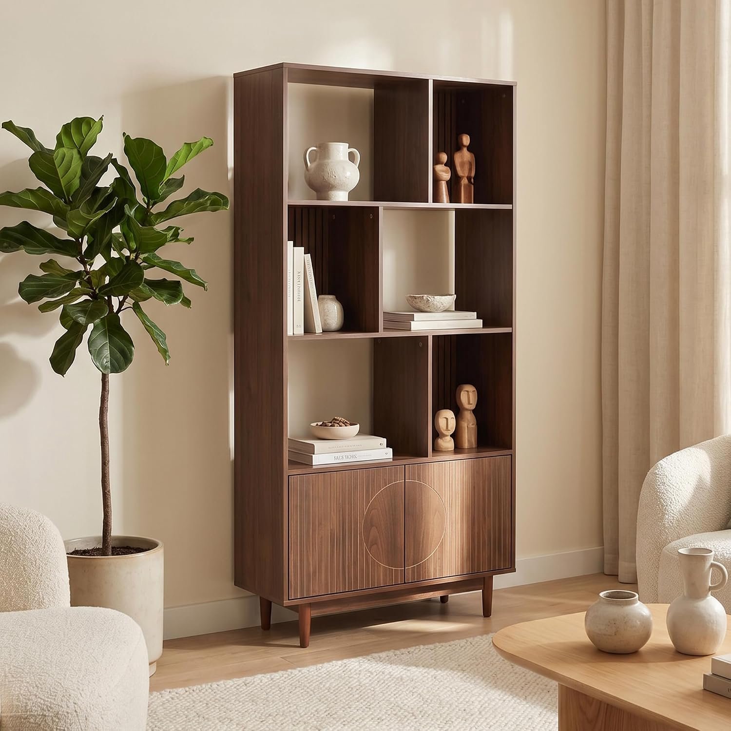 Scandinavische boekenkast, 180 cm hoog, 2 deuren en 6 vakken, walnootafwerking, LILA