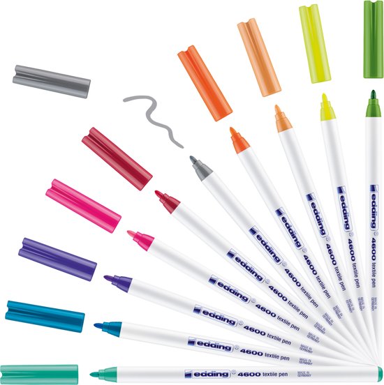 Set van 10 edding 4600 textielstiften in diverse kleuren, met opengewerkte doppen en proefstrepen.