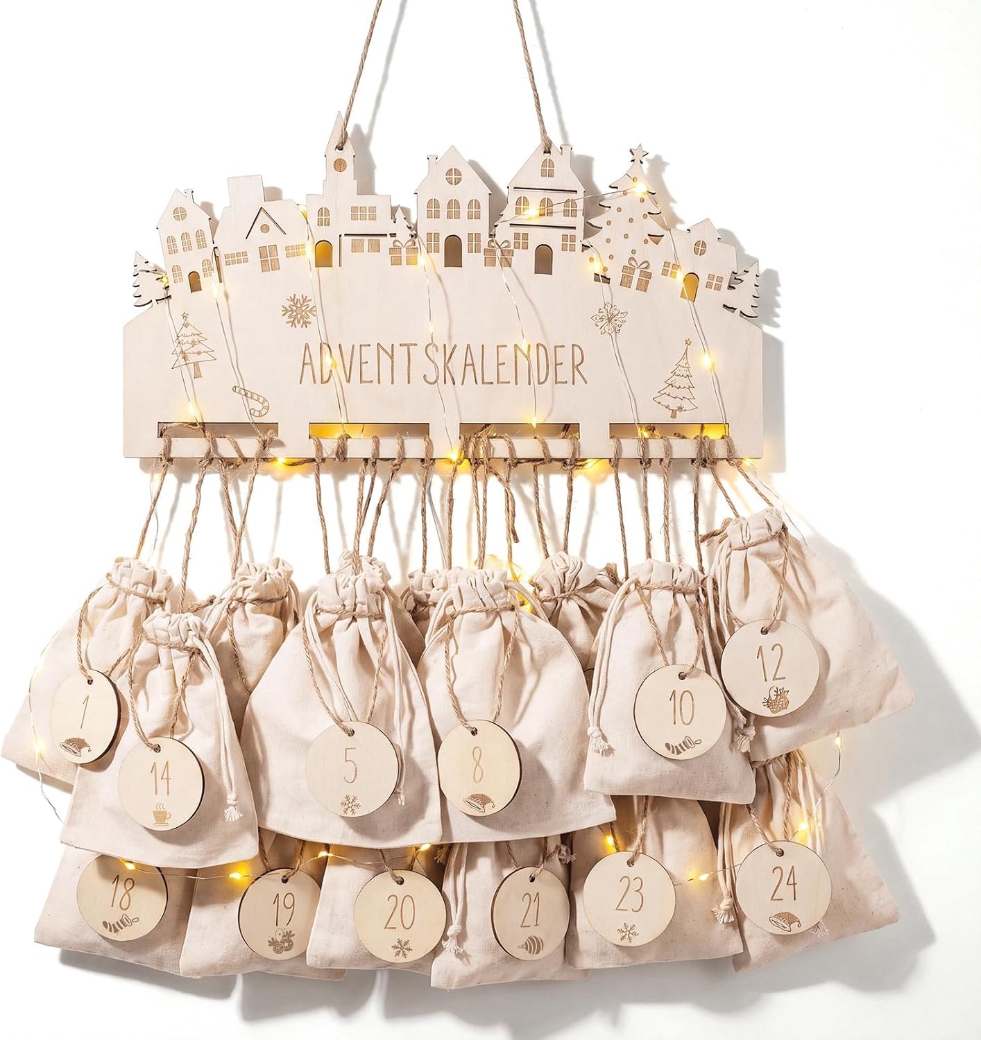 Adventskalender om te vullen, 24 stoffen zakjes, set met cijferhangers, koord en houten klemmen, herbruikbare adventskalender om op te hangen, voor kinderen en volwassenen, Kerstmis