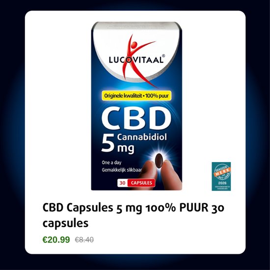 Verpakking Lucovitaal CBD Capsules met 5 mg Cannabidiol per capsule, 30 capsules.