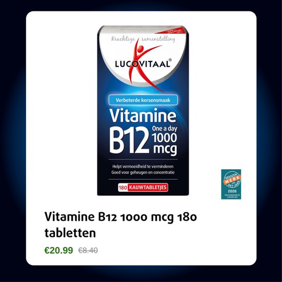 Lucovitaal Vitamine B12 1000 mcg, 180 kauwtabletten. Getrokken merk 2026.
