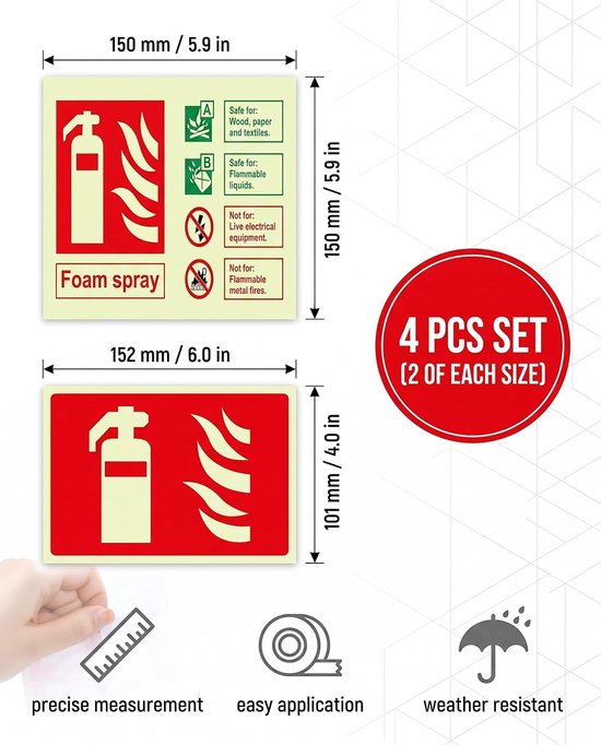 4 stuks zelfklevende oplichtende brandblusser-borden, pictogram-stickers van pvc, waarschuwingsbord voor brandblusser locatie in huis, kantoor, ziekenhuis, magazijn — afbeelding 3
