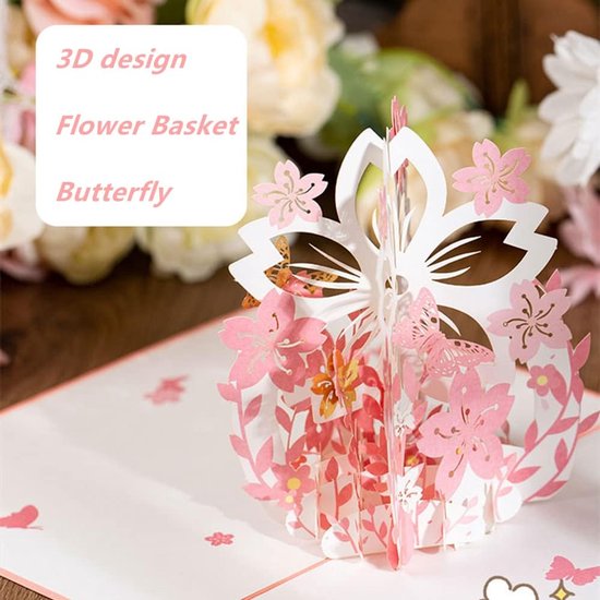 3D pop-up verjaardagskaart, Valentijnsdagkaart voor verliefden, familie en vrienden, roze bloemenmand, romantische en warme kaart voor verjaardag, bruiloft, jubileum, verloving, vouwkaart met envelop — afbeelding 5