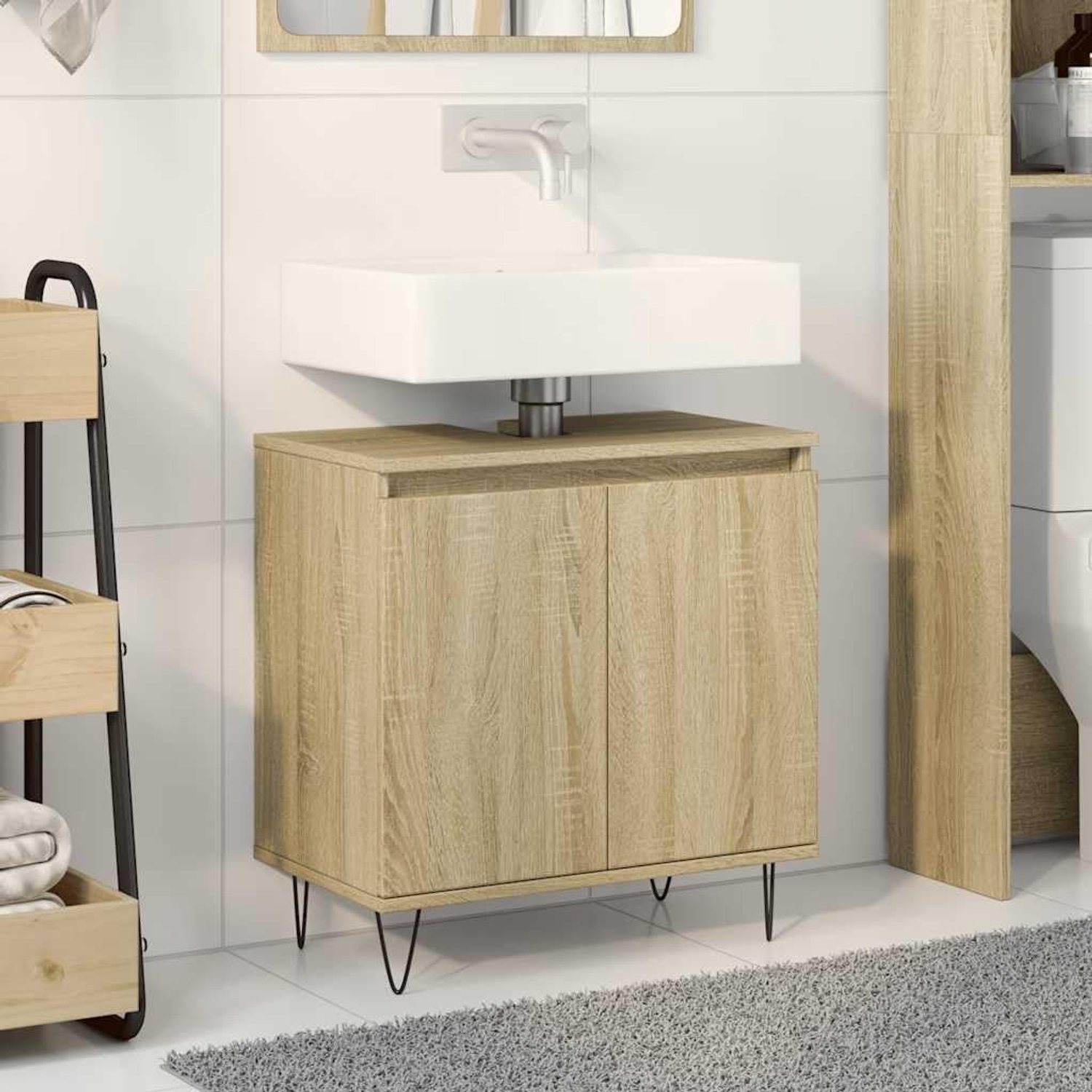 Badkamerkast Sonoma-eiken, 58 x 33 x 60 cm, houtmateriaal met 2 deuren en 1 groot vak, stabiele badkameropslag met ijzeren poten voor industriële stijl, vochtbestendig