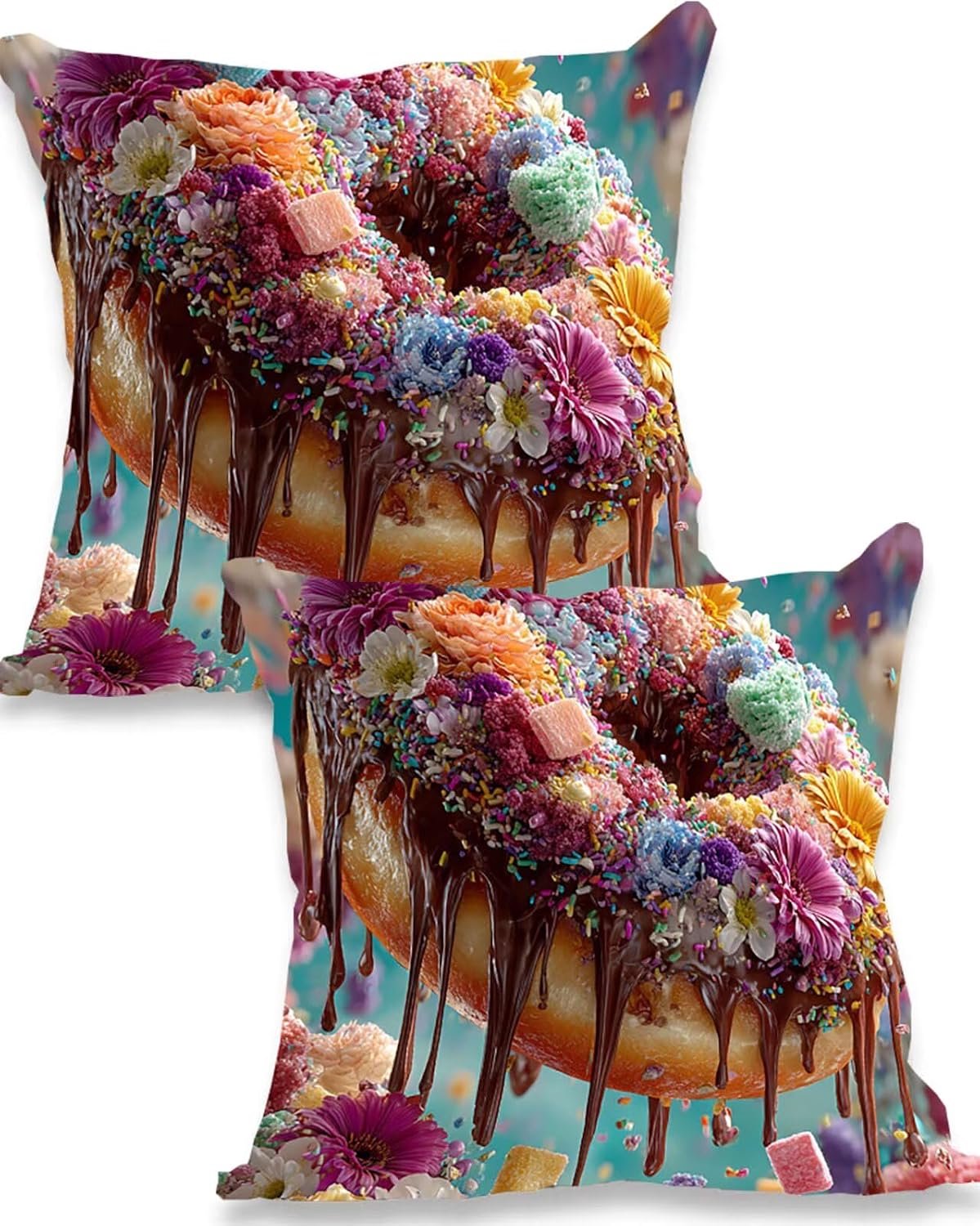 Donuts 2 stuks zetelhoezen van linnen bloemen print voor achter kussensloop met verborgen ritssluiting woonkamer bed cuscini sofa kussenslopen, decoratief voor buiten 65 x 65 cm 0k-881