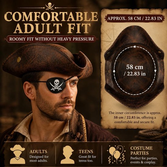 2 stuks piraat hoed ooglapje, bruine tricorn hoed, kunstleertricorn bruin middeleeuwse koloniale stijl, voor Halloween themafeest, cosplay, verkleedkleding volwassenen — afbeelding 4