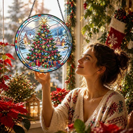 Bimkole Kerstboom Gekleurd Glas, Raamhanger Zonnevanger 20x20 cm A9 — afbeelding 3