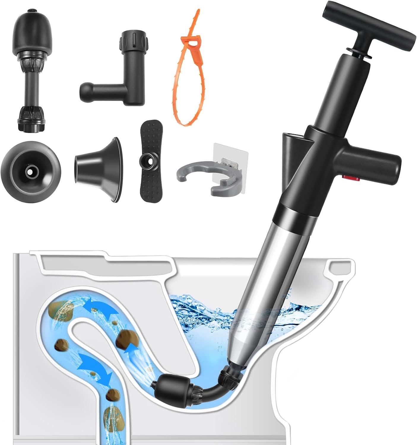 Hogedruk toilet plunjer set, zware ontstopper met opberghouder en 4 vervangbare koppen voor toiletten, badkuipen, douches, afvoeren en pijpklompen