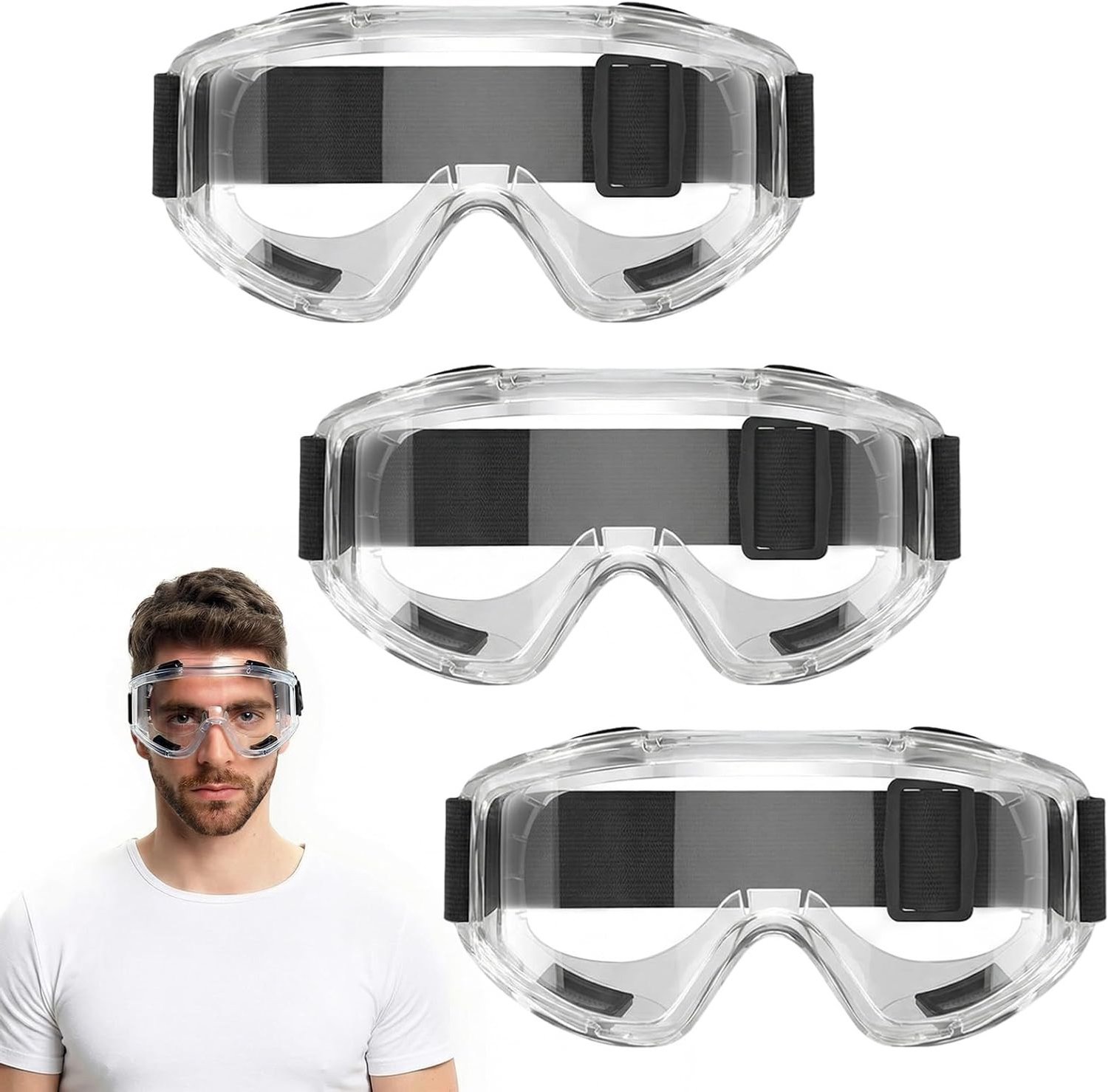 Set van 3 Veiligheidsbrillen, Antifog, Krasbestendig, Geventileerd, Verstelbare Band voor Klussen, Laboratoria en Bescherming van de Ogen