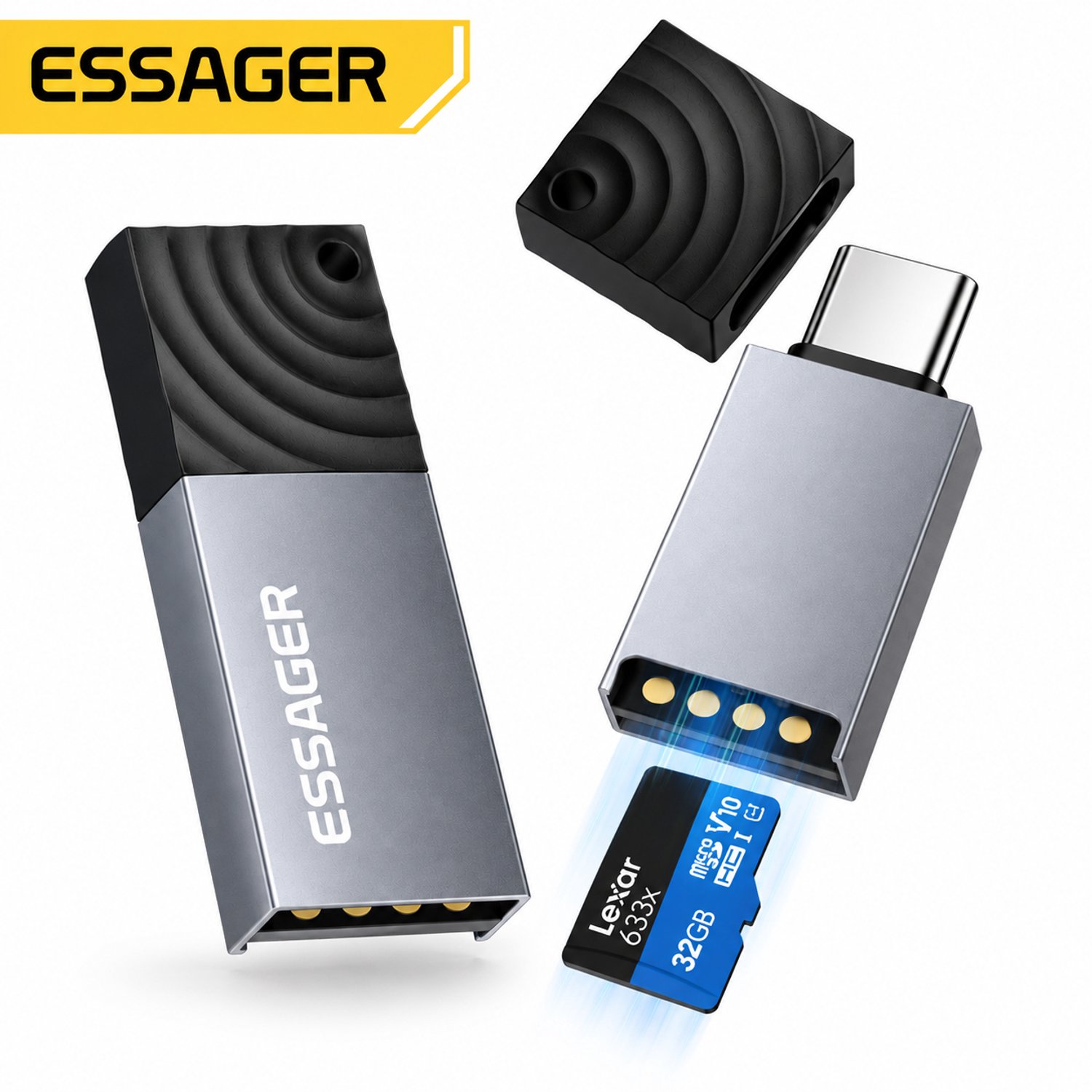 Essager 2-in-1 SD Kaartlezer USB-C & USB-A | Micro SD Kaartlezer | TF Card Reader | Geheugenkaartlezer | SD Kaart Adapter | USB 2.0 | Voor Laptop, PC, Smartphone & Tablet | Foto's en Video's Overzetten | Compact | Grijs / Zwart