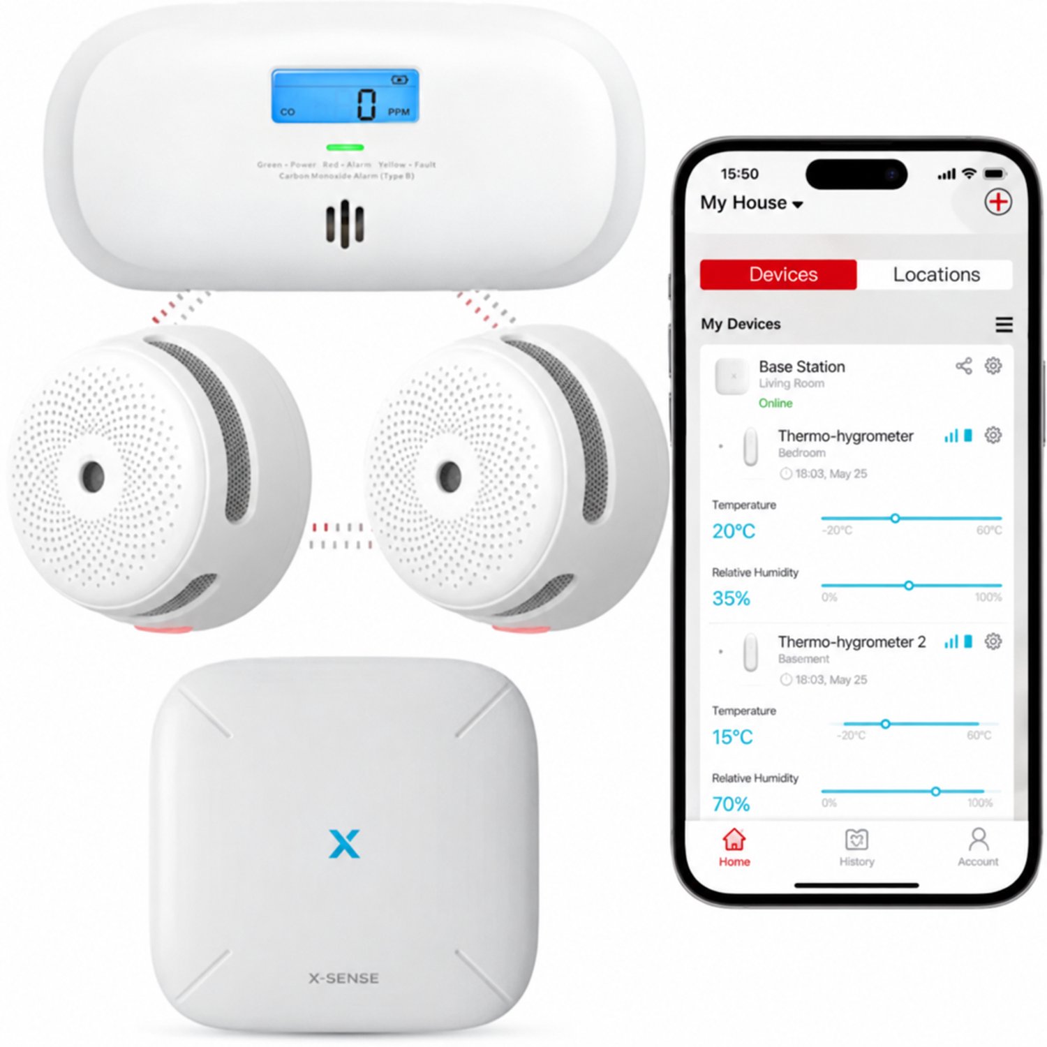 X-Sense Link+ Pro Slimme bundel - 2 XS01-M Rookmelders, 1 XC0C-MR Koolmonoxidemelder en SBS50 Base Station - Werkt via app - WiFi gateway - Draadloos RF koppelbaar - Brandalarm en CO melder - Smart home