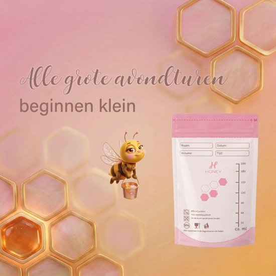 Roze bewaarzakje met honingraatmotief, schaalverdeling tot 200 ml. Cartoonbij met emmertje zit links van het zakje.