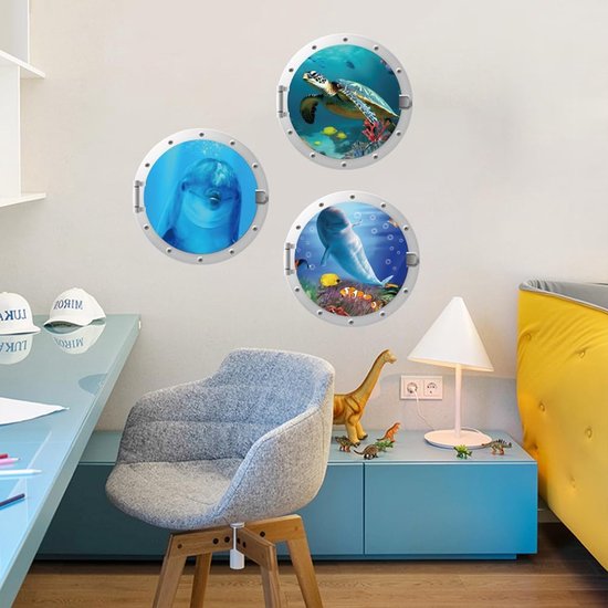 3 stuks 3D-wandtattoo, onderwaterwereld, muurstickers, muurstickers, badkamerfoto's, patrijspoort, oceaan, afbeelding, vissen, sticker, wanddecoratie voor badkamer, slaapkamer, woonkamer, — afbeelding 3