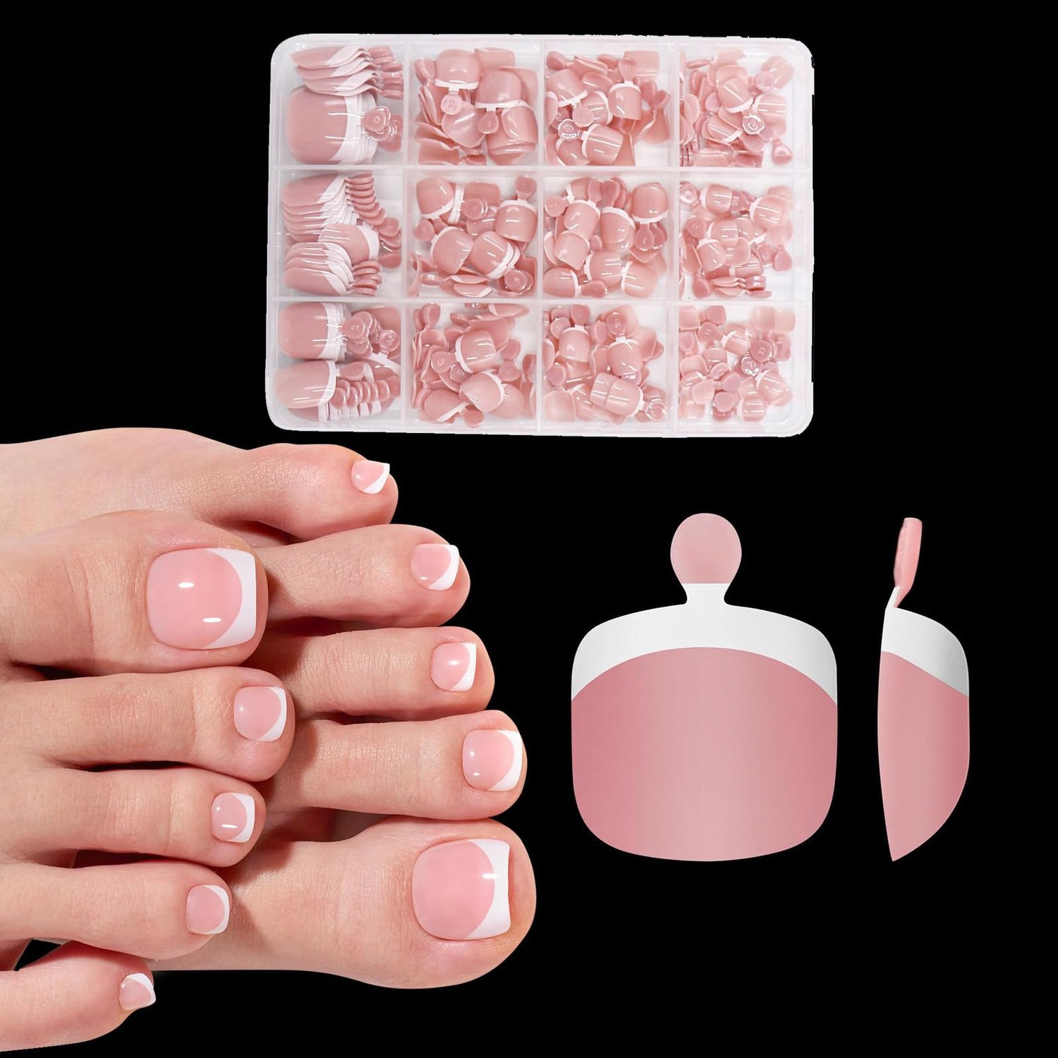GlamRays 216 stuks roze stickers voor teennagels dames set, Franse sticker teennagels, zachte gel teennagelpuntjes, 12 maten