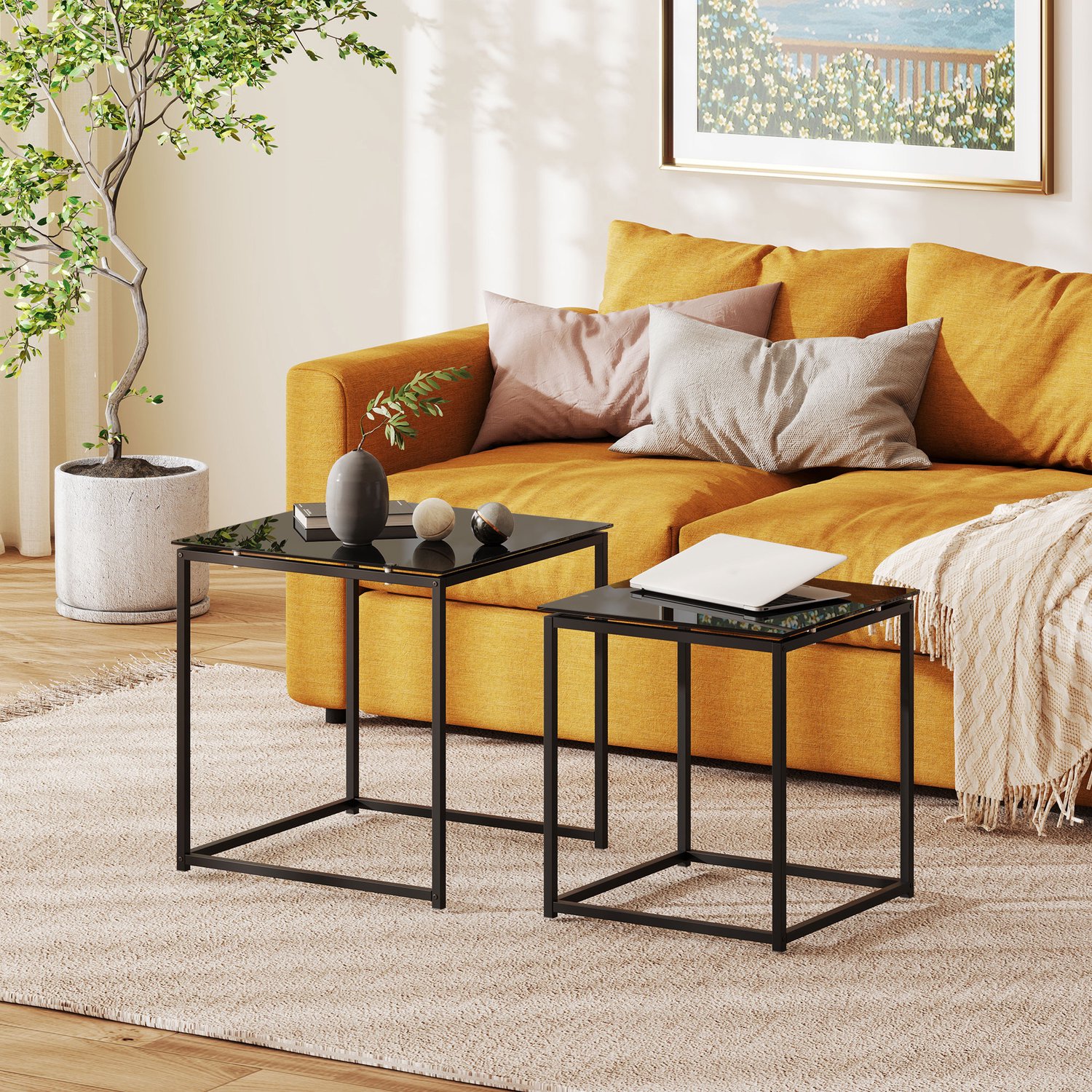 HAUSS SPOLE Bijzettafelset - Twee Vierkante Tafels Met Gehard Glazen Blad - Voor Woonkamer - Staal - 50x50x52 Cm - Zwart