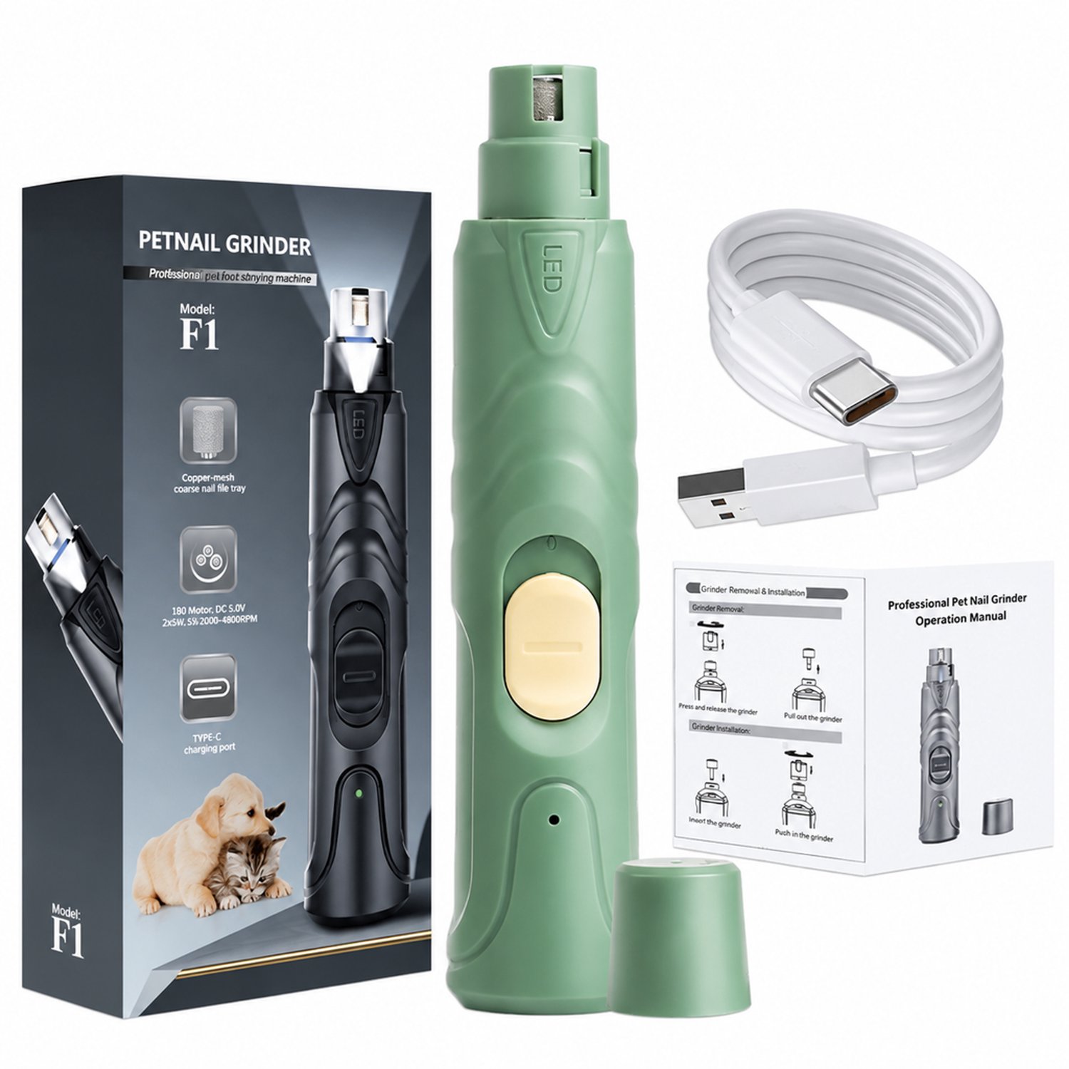 elektrische nageltrimmer - groene uitvoering - elektrische nagelverzorging voor huisdieren - verpakking
