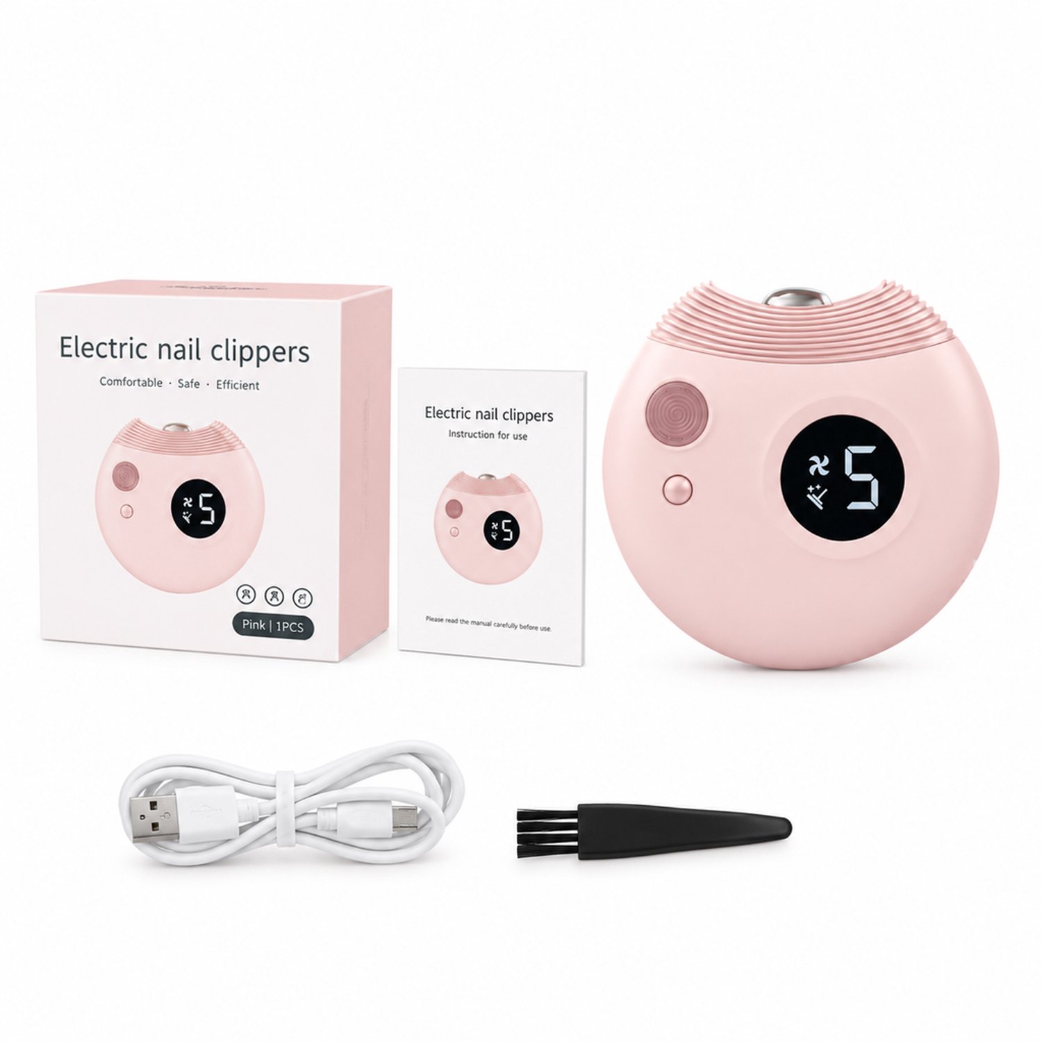 elektrische nagelknipper - roze basisuitvoering - minimalistisch ontwerp - voor dagelijks thuisgebruik - met datakabel, handleiding en accessoires
