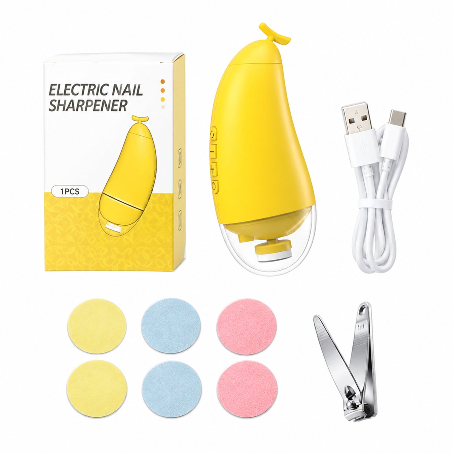 elektrische nagelknipper - Geel, 1 stuk - Met 6 soorten vijlkoppen en oplaadkabel - Nagelverzorging - Engelstalige verpakking