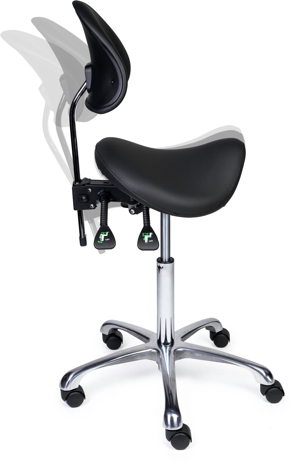 Ergonomische Zadelkruk met Rugleuning Premium Zwart op Wielen Standaard uitvoering (50-68cm) / Met voetensteun / Standaard wielen