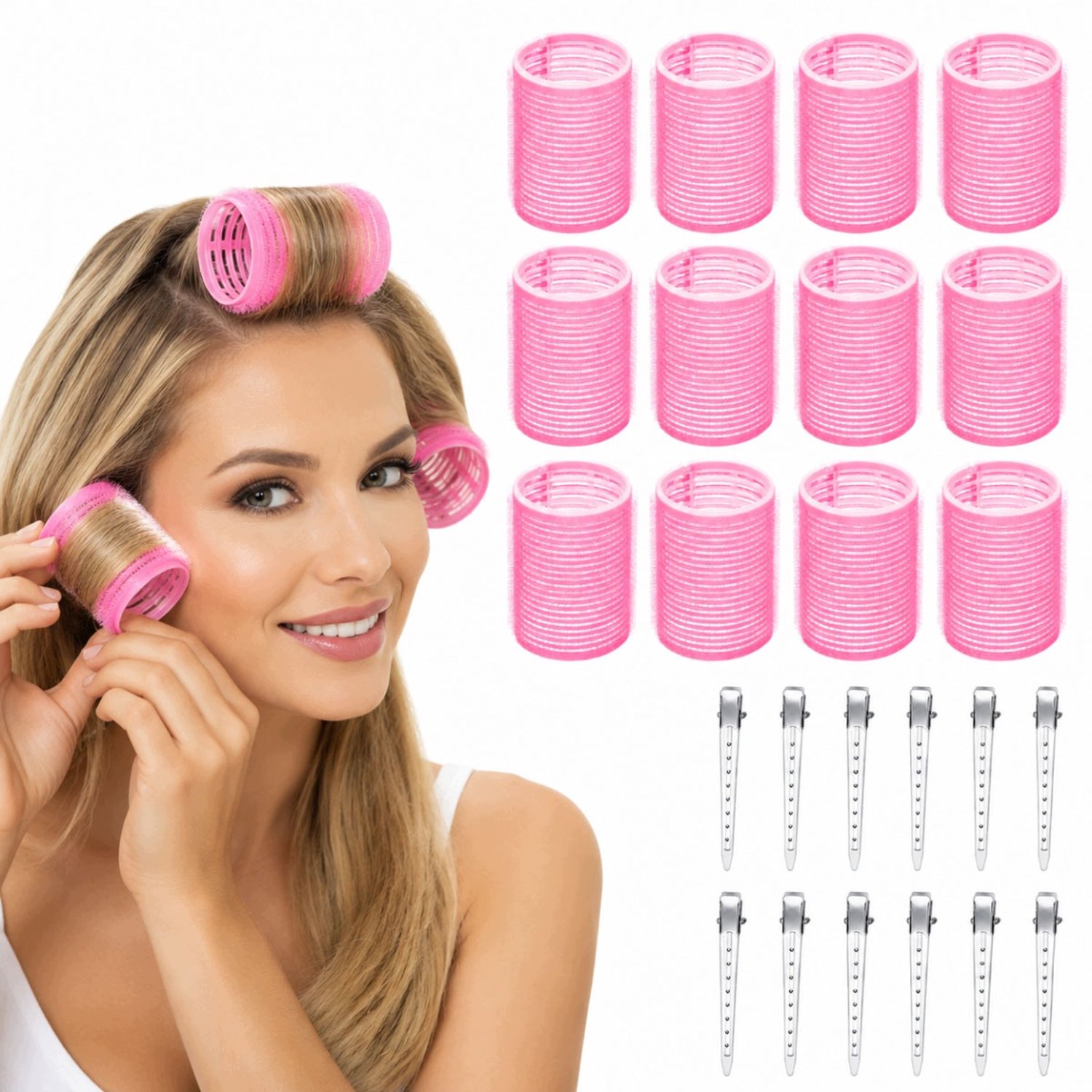 Merkloze Krulrollen Set - 12x 48mm Rolltangen & 12x Clips - Roze