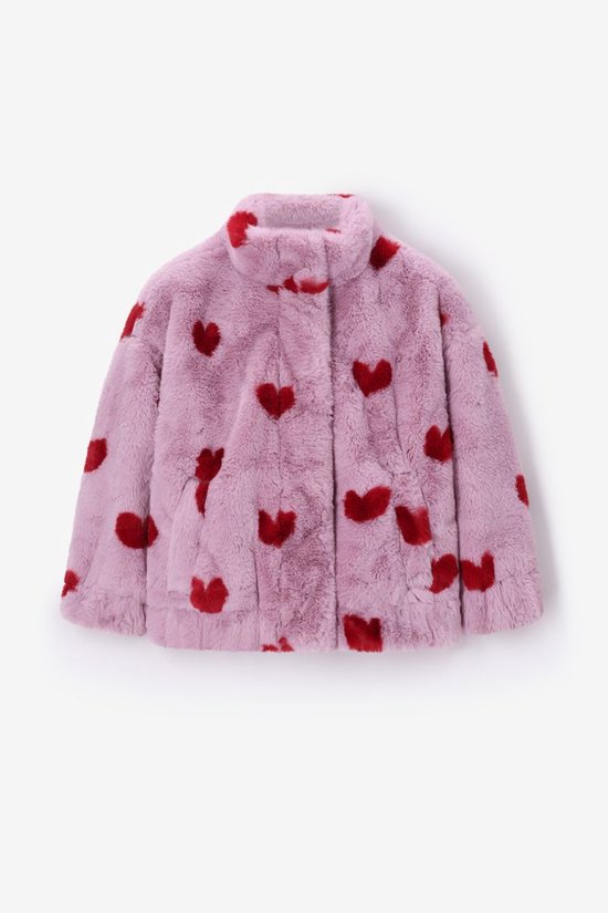 Lichtpaarse Faux Fur Jas Met Hartjes Print