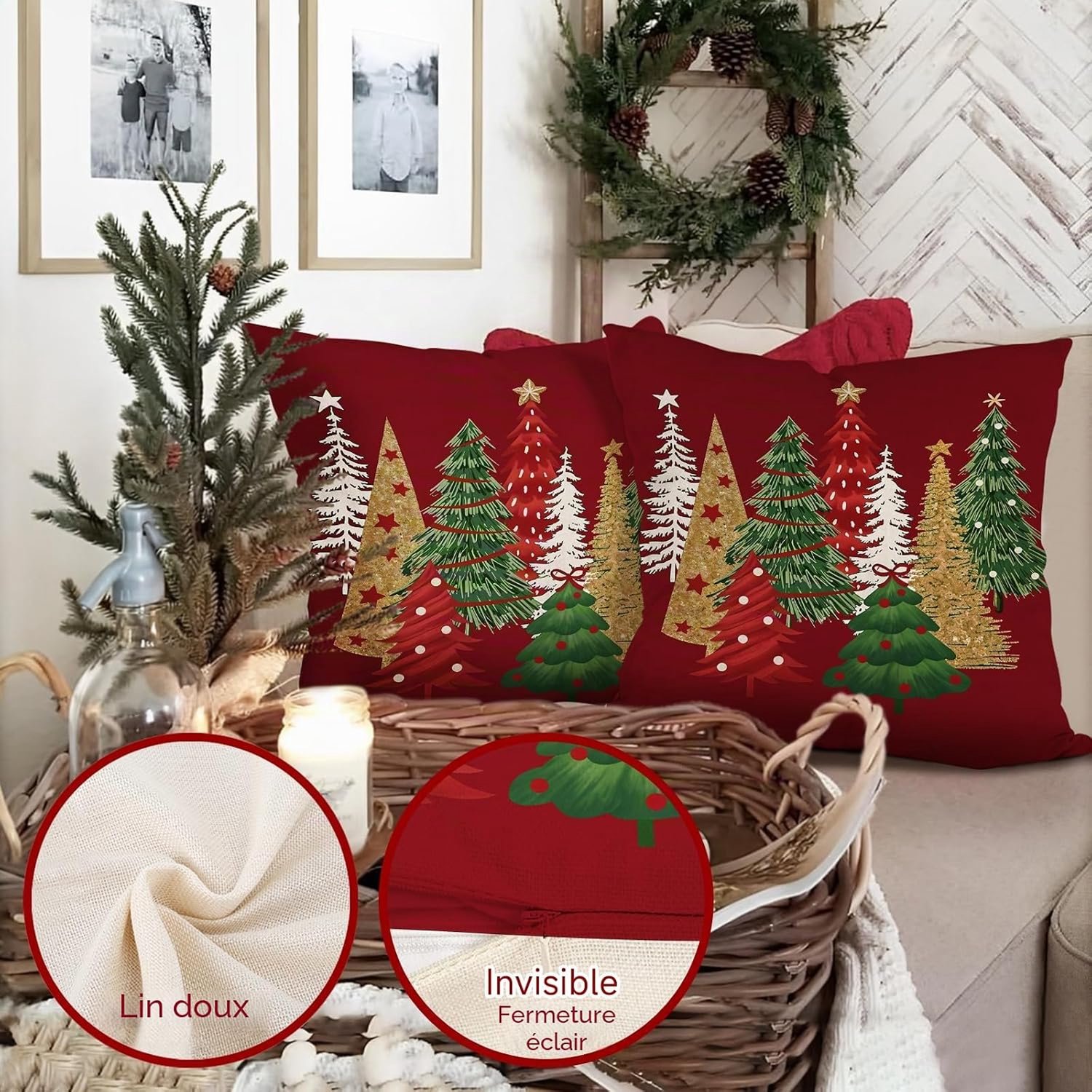 Set van 2 - sierkussens - kussensloop - kussenhoes 45x45 - kussenhoezen 45 x 45 - sierkussenhoes 45x45 - kerstversiering - kussenhoesjes - kerstkussens - kerst kussensloop - Kerst Kussenhoes - kerstkussenhoesjes - kerstkussensloop - Rood – foto 3